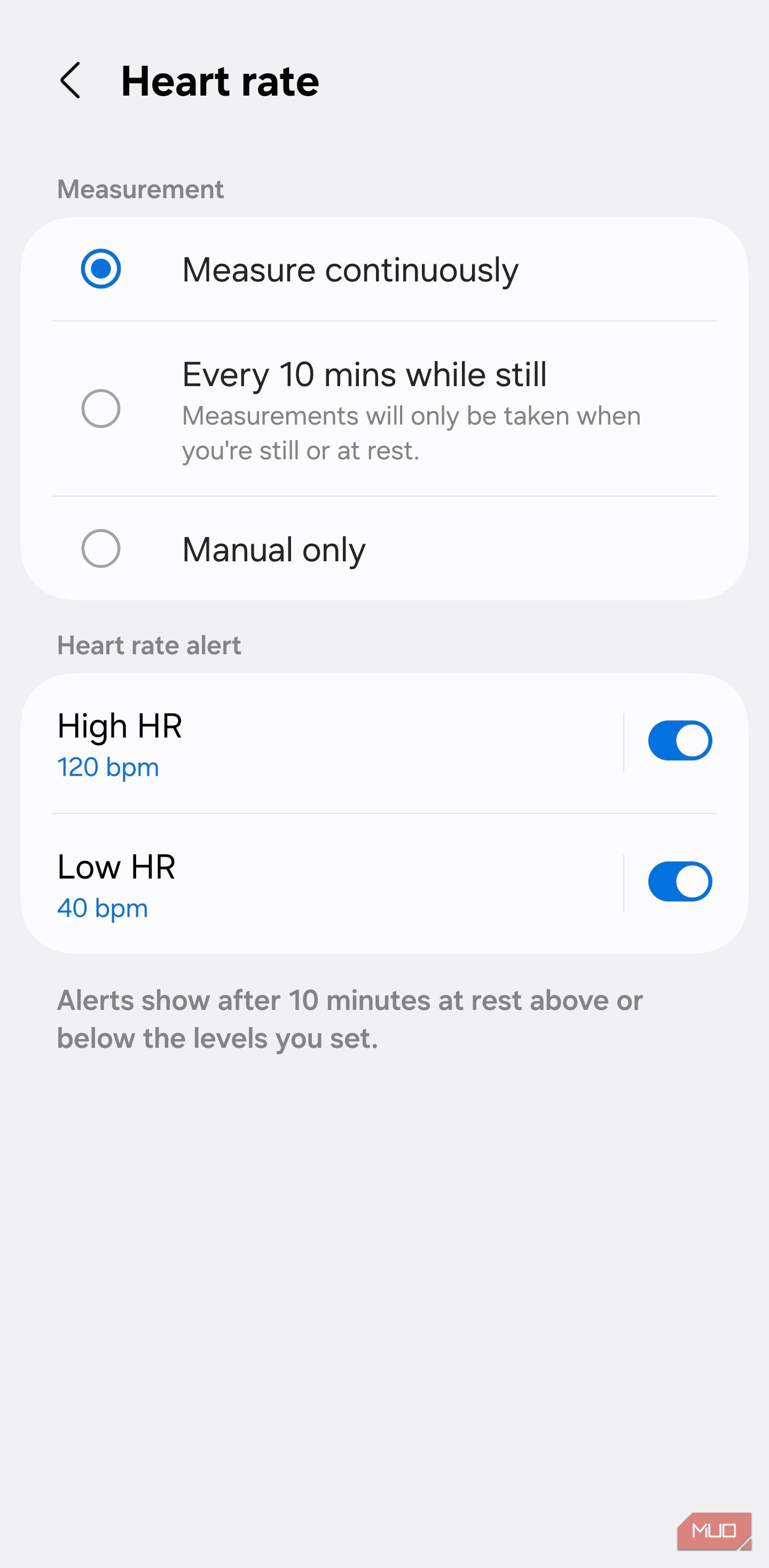 Galaxy Watch auto heart rate settings menu screenshot