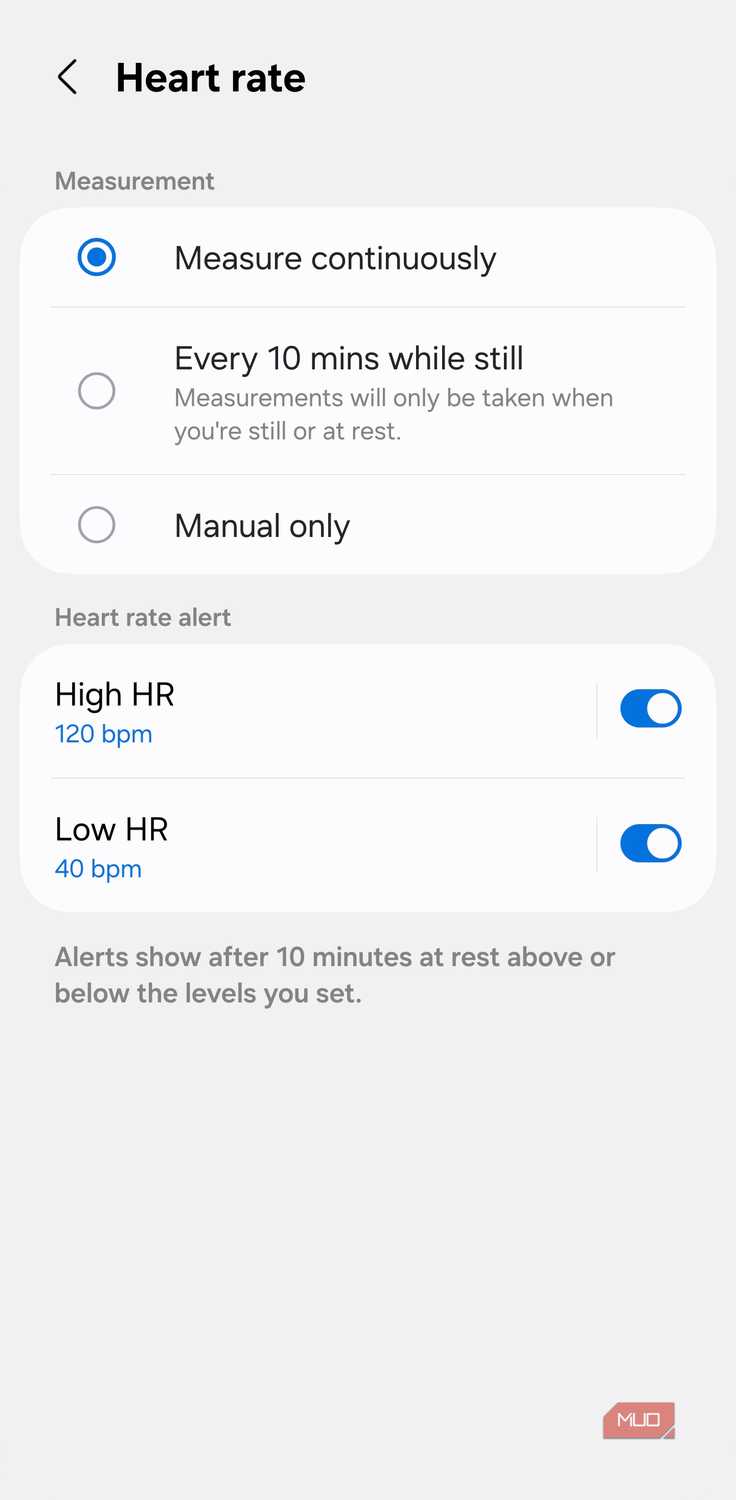 Galaxy Watch auto heart rate settings menu screenshot