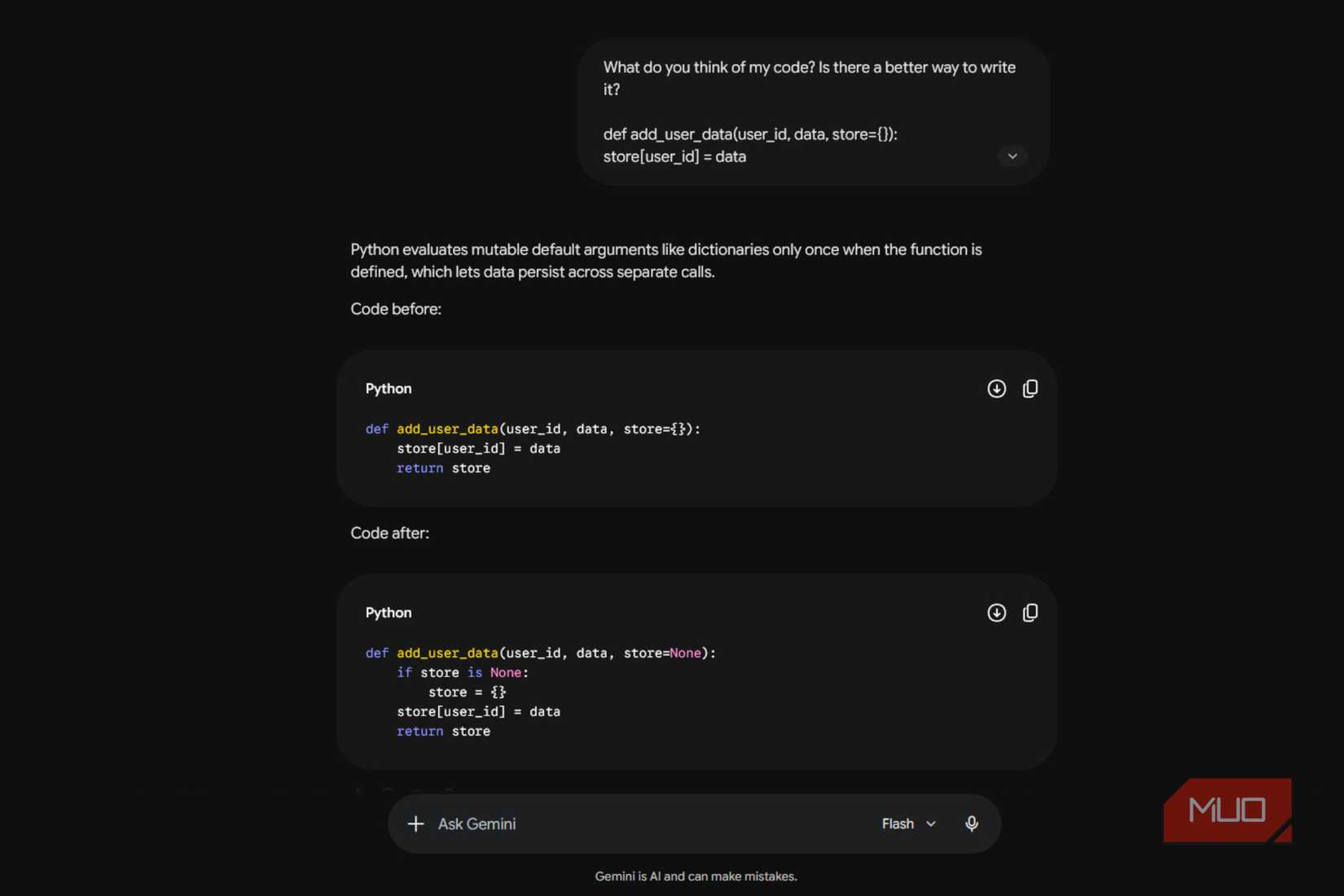 Gemini giving a code response back