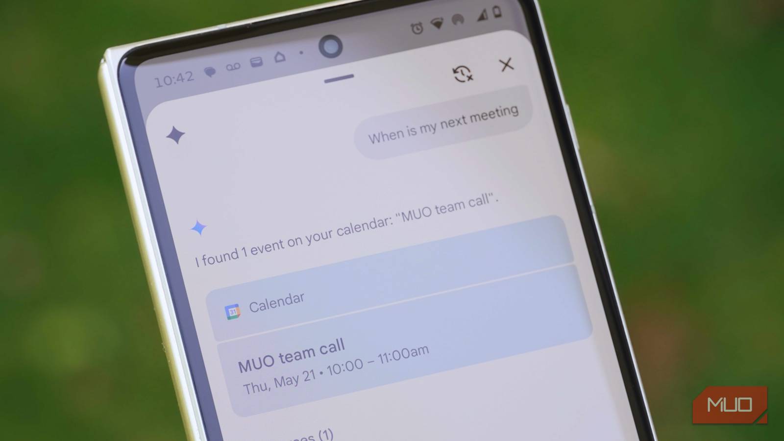 Gemini identifying the next Meet call based on calendar data.