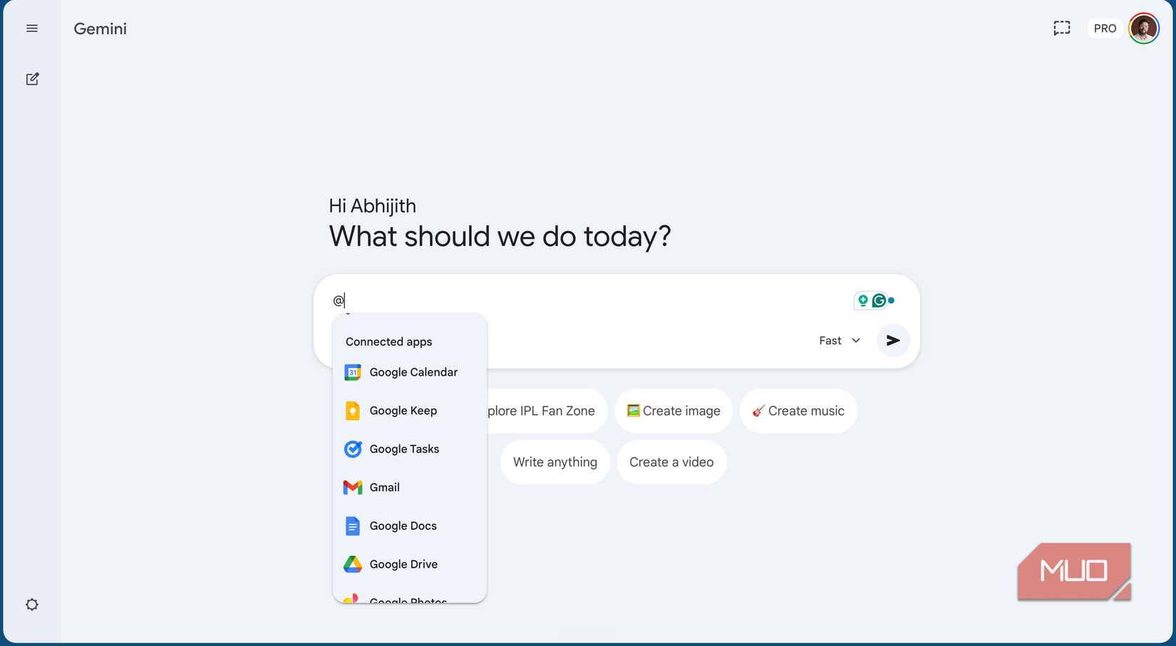 the Gemini screen showing an option to mention other apps