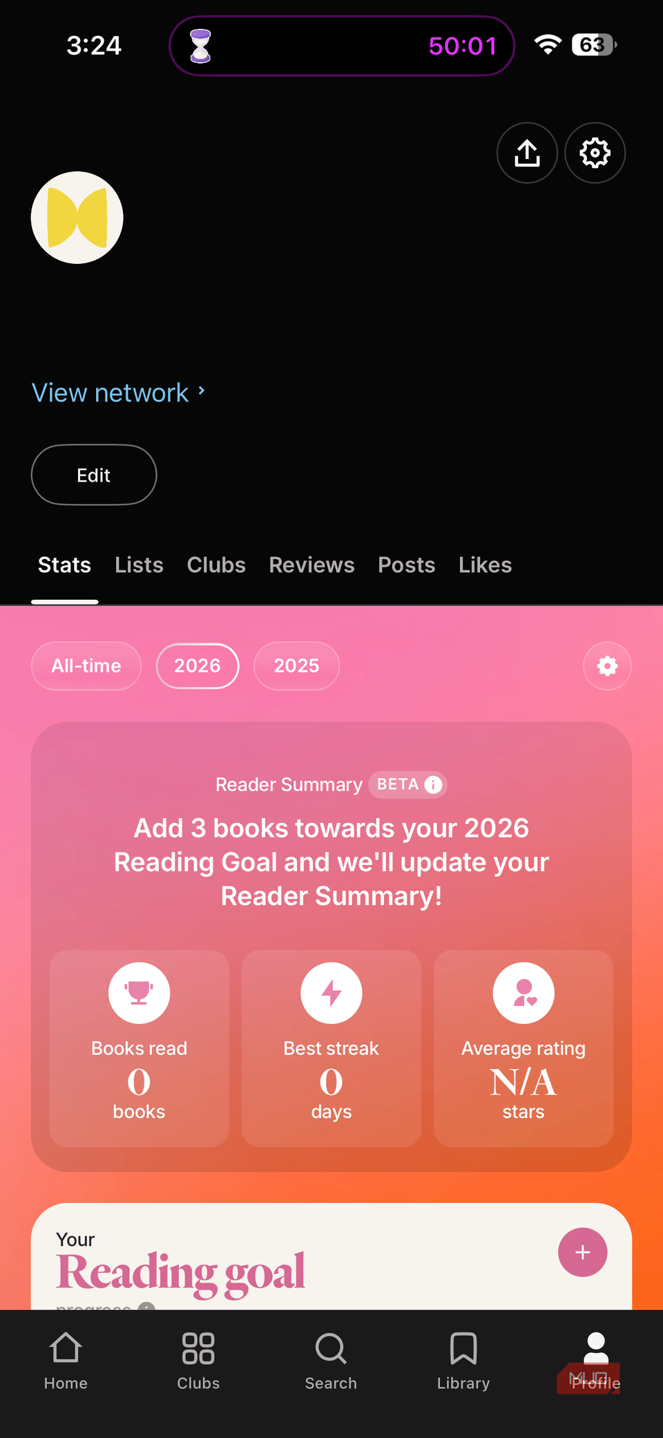 goodreads app profile page showing reading statistics and 2026 reading goal challenge