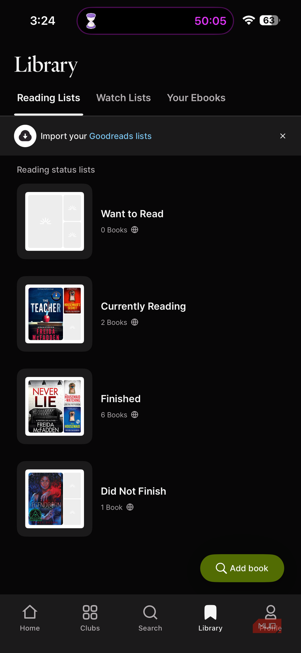 goodreads library page showing reading status lists with want to read currently reading finished and did not finish categories