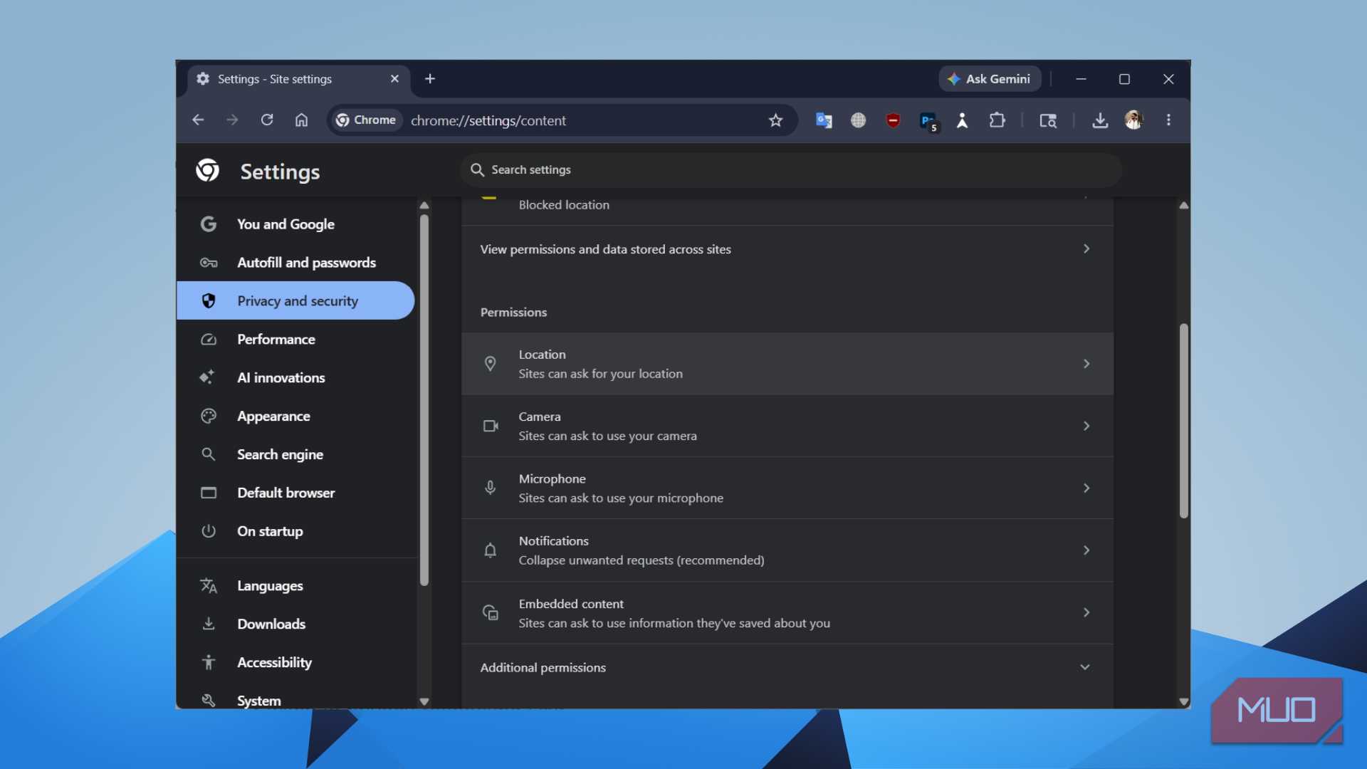 Chrome Site Settings showing permissions for Location, Camera, Microphone, and Notifications