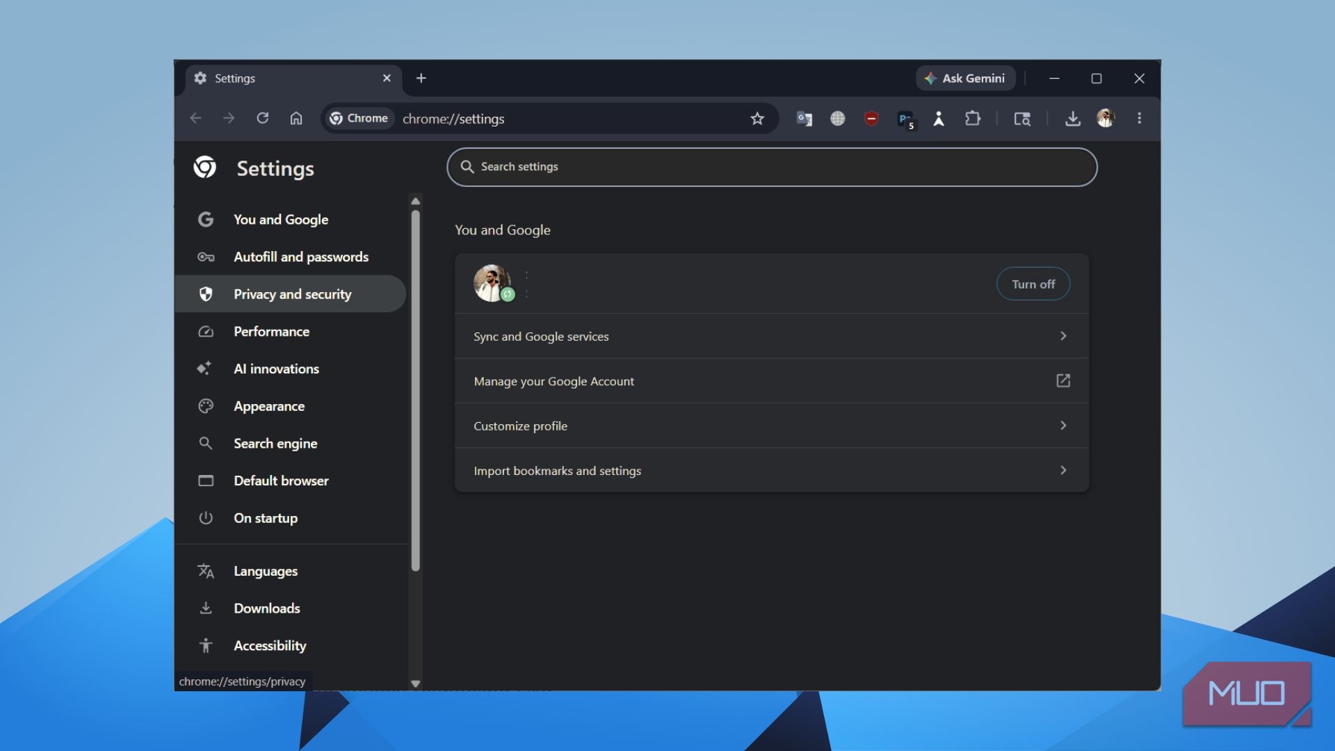 Chrome Settings main page showing the You and Google account section