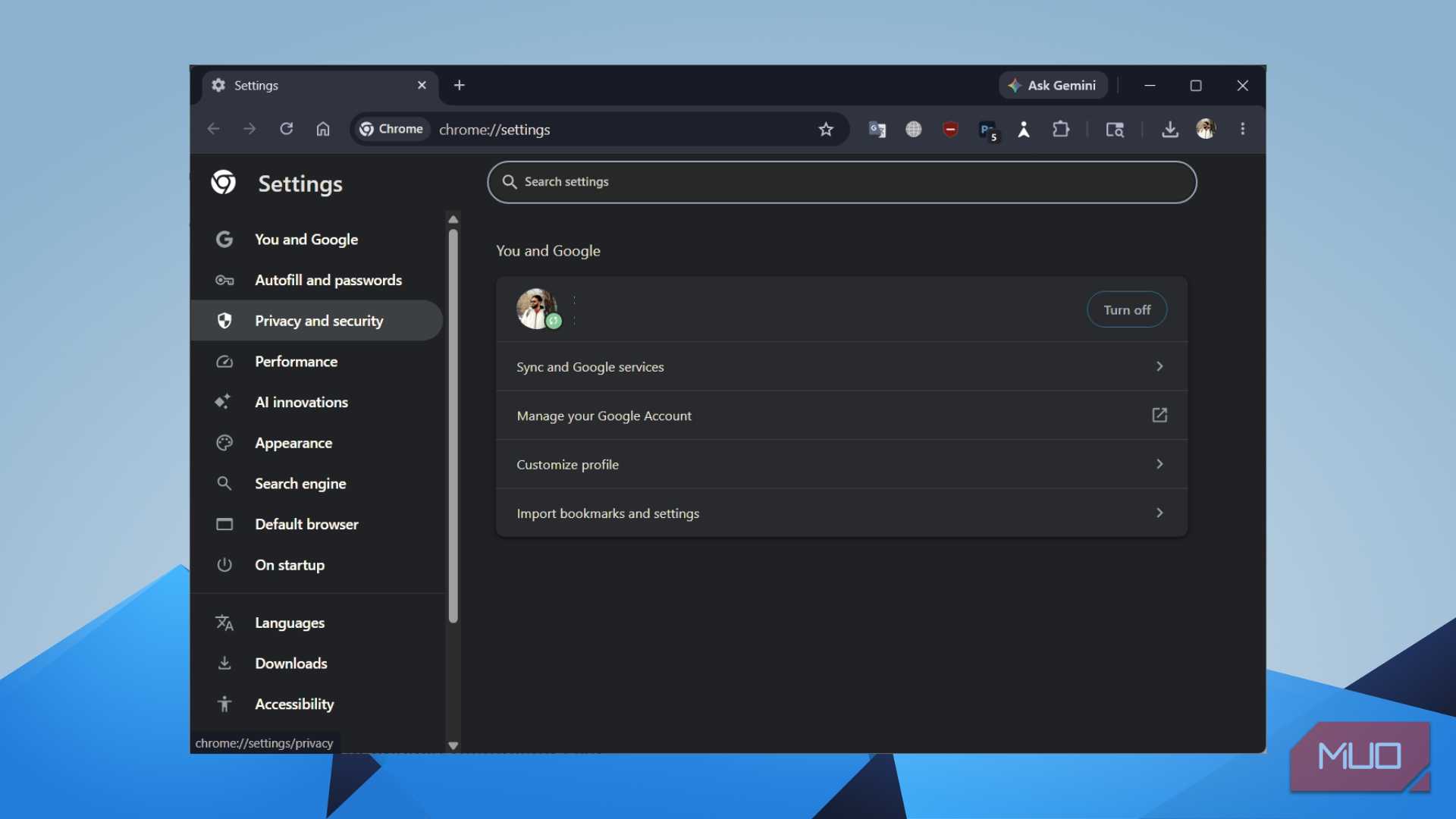 Chrome Settings main page showing the You and Google account section