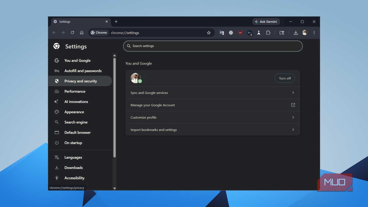 Chrome Settings main page showing the You and Google account section