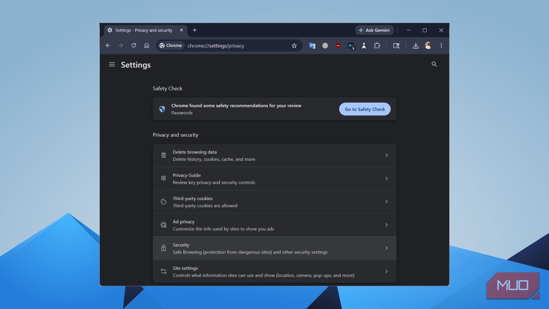Chrome Privacy and Security settings page with Security option highlighted