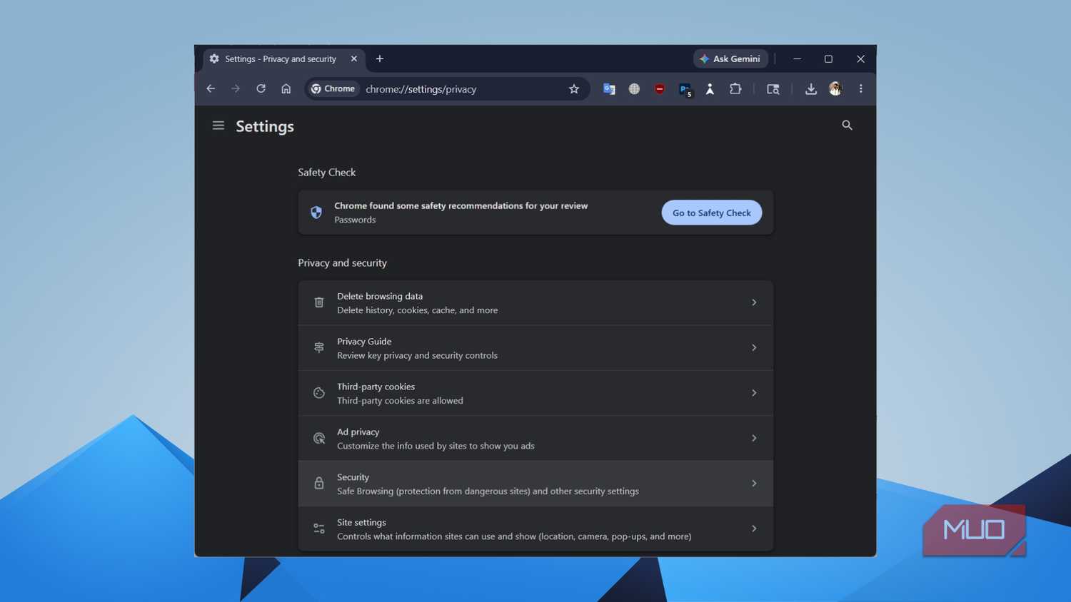 Chrome Privacy and Security settings page with Security option highlighted