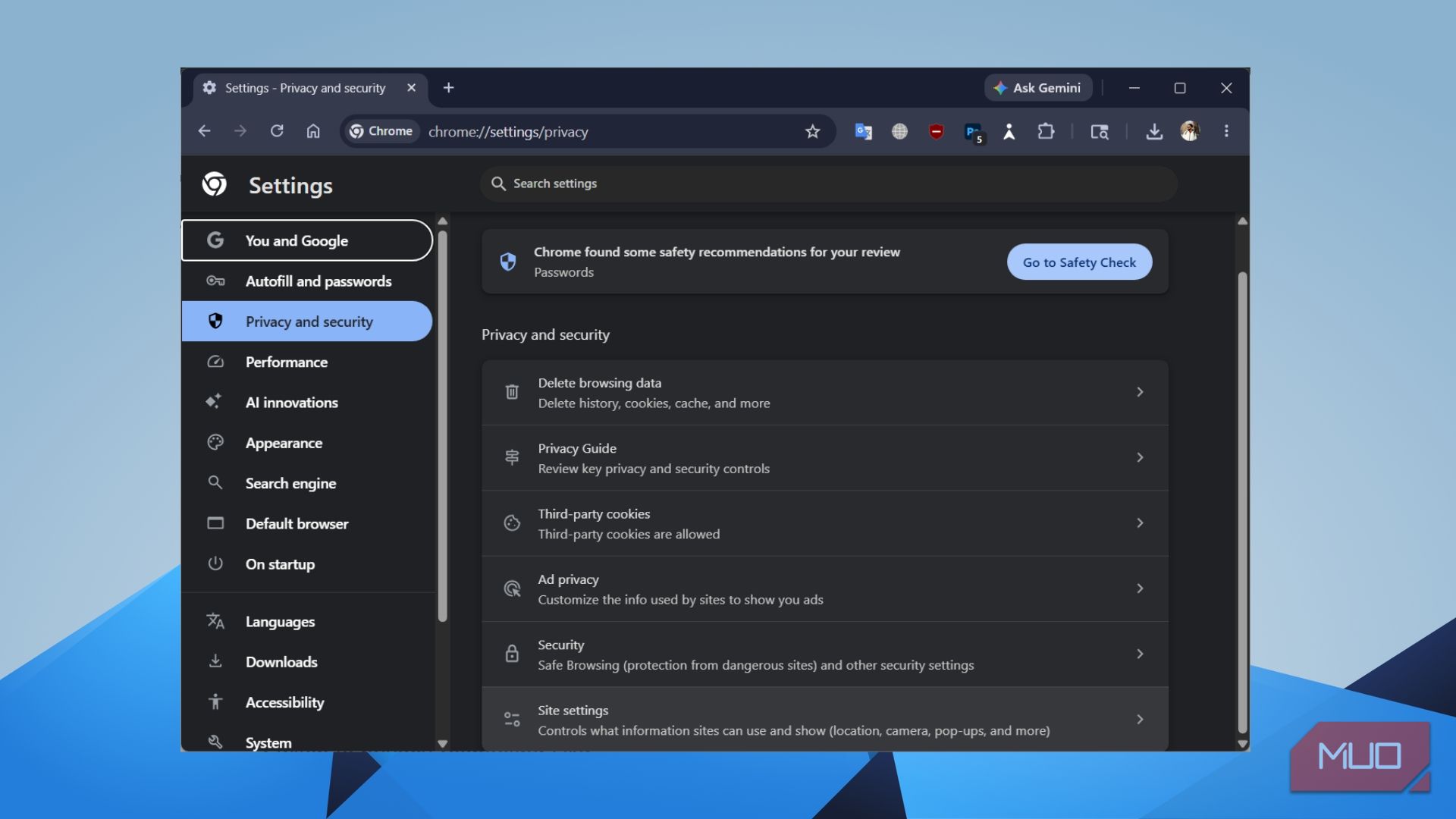 Chrome Privacy and Security settings page showing options for cookies, security, and site settings