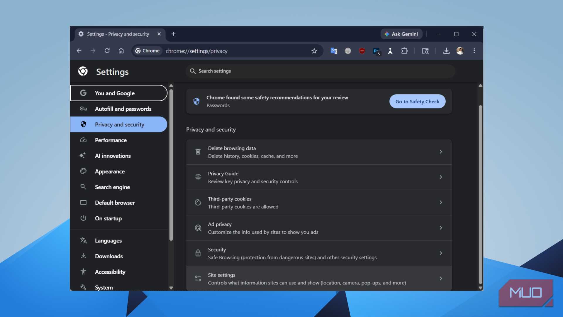 Chrome Privacy and Security settings page showing options for cookies, security, and site settings