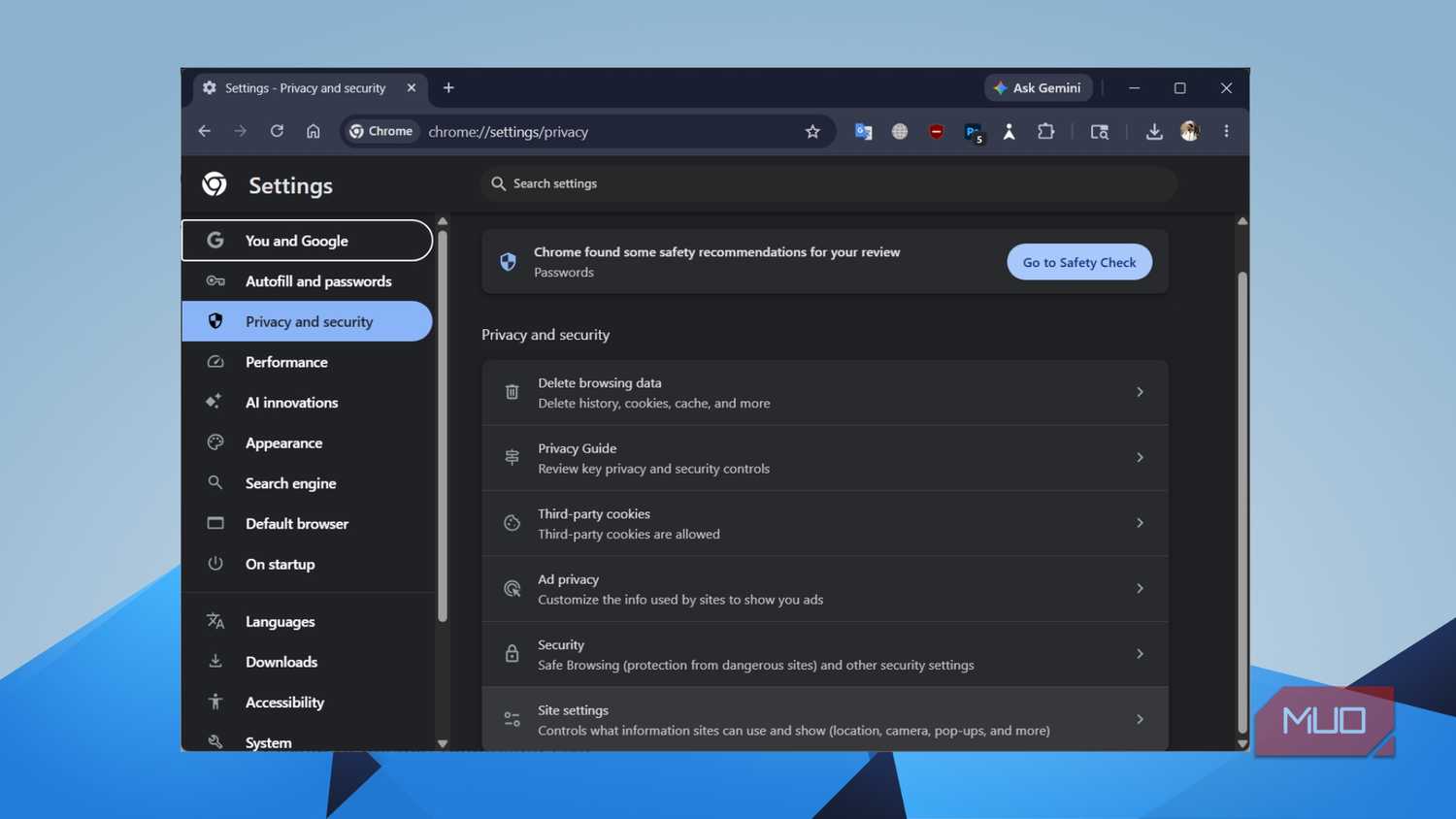 Chrome Privacy and Security settings page showing options for cookies, security, and site settings