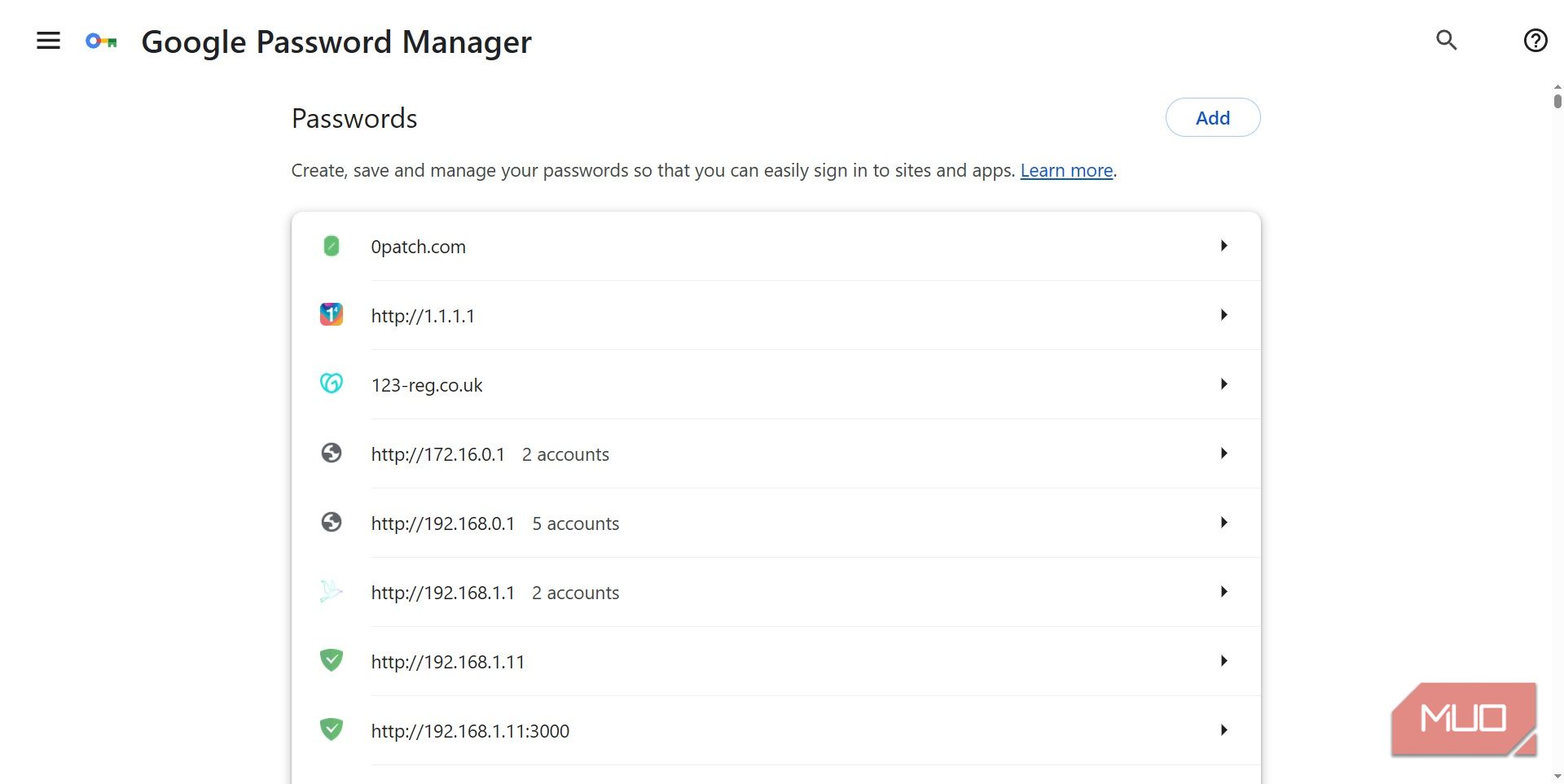 google password manager with entries.