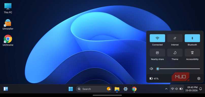 HyperDroid launcher desktop resembling Windows 11 with the quick settings panel open.