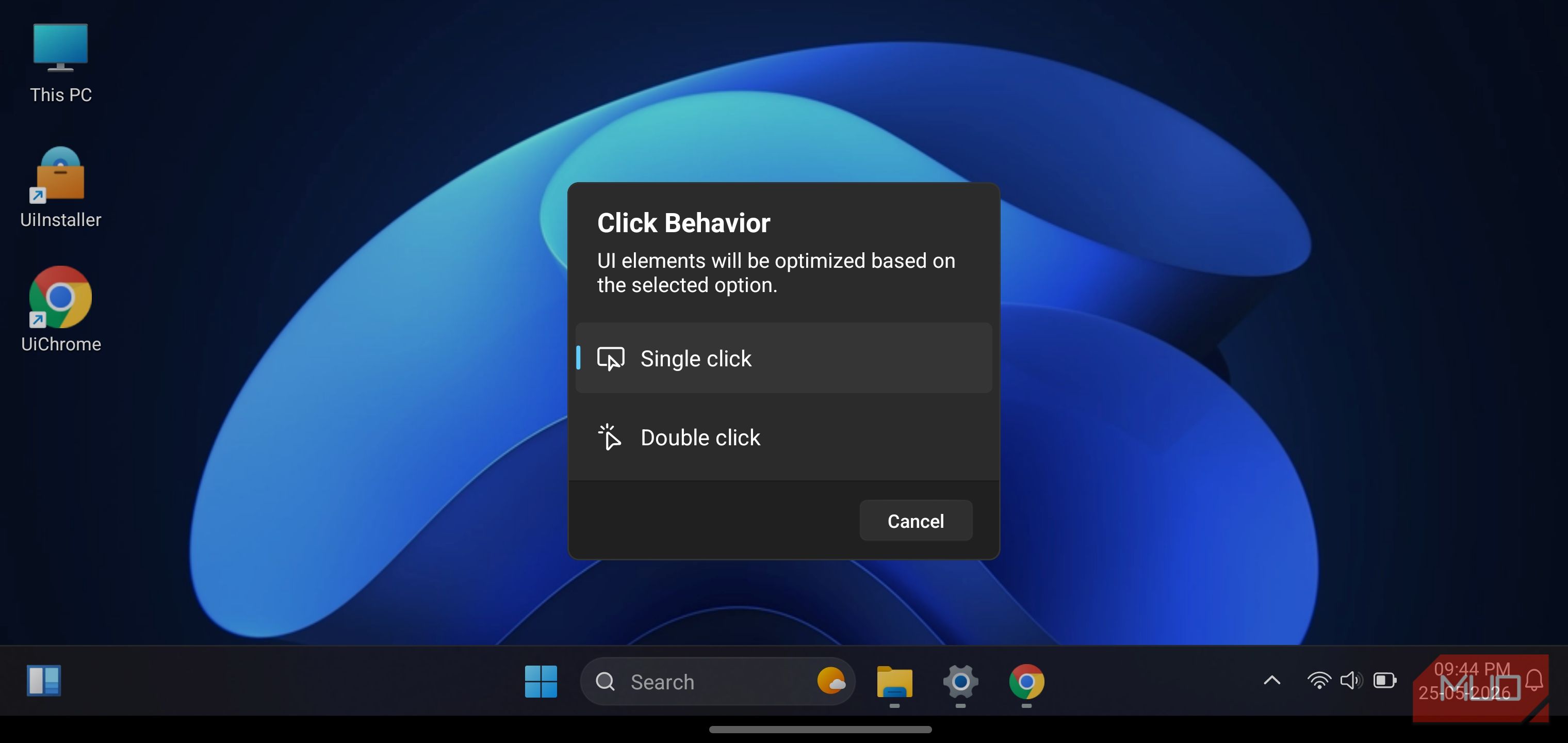 HyperDroid launcher desktop showing a Click Behavior settings dialog box.