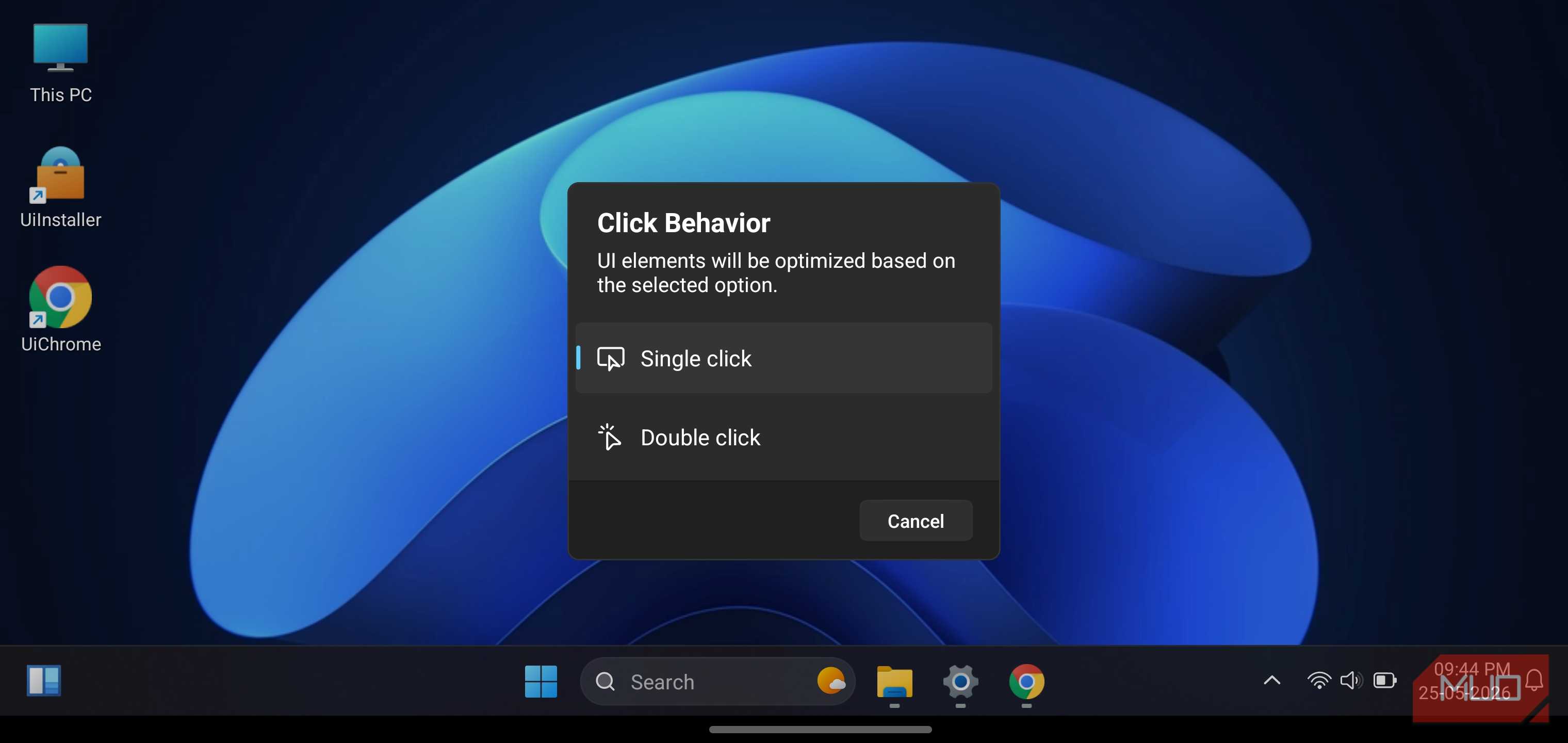 HyperDroid launcher desktop showing a Click Behavior settings dialog box.