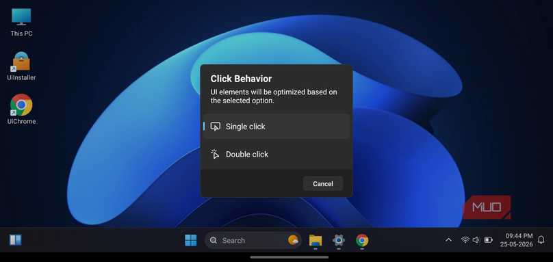 HyperDroid launcher desktop showing a Click Behavior settings dialog box.