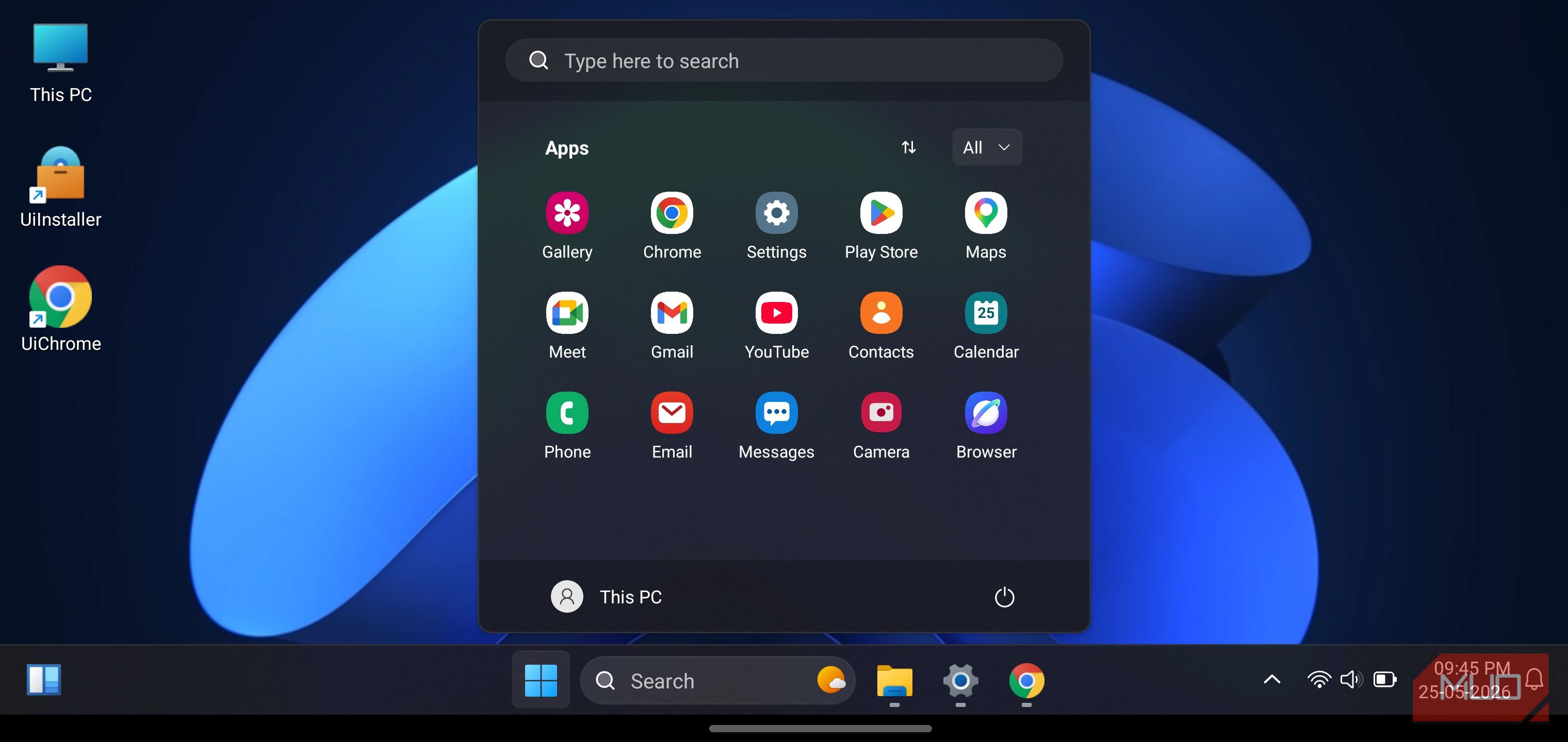 HyperDroid launcher desktop with the Start menu open.