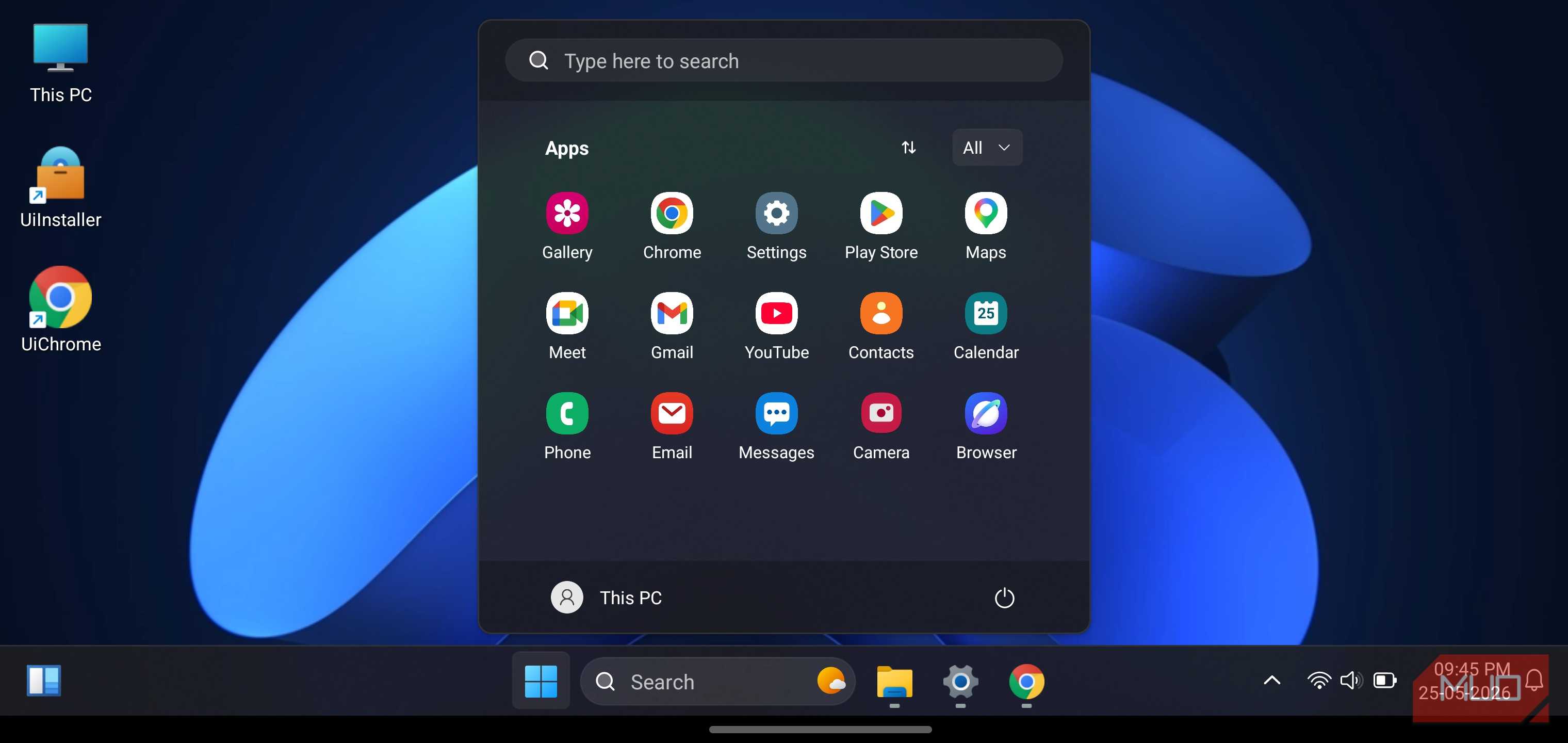HyperDroid launcher desktop with the Start menu open.