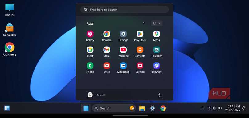 HyperDroid launcher desktop with the Start menu open.