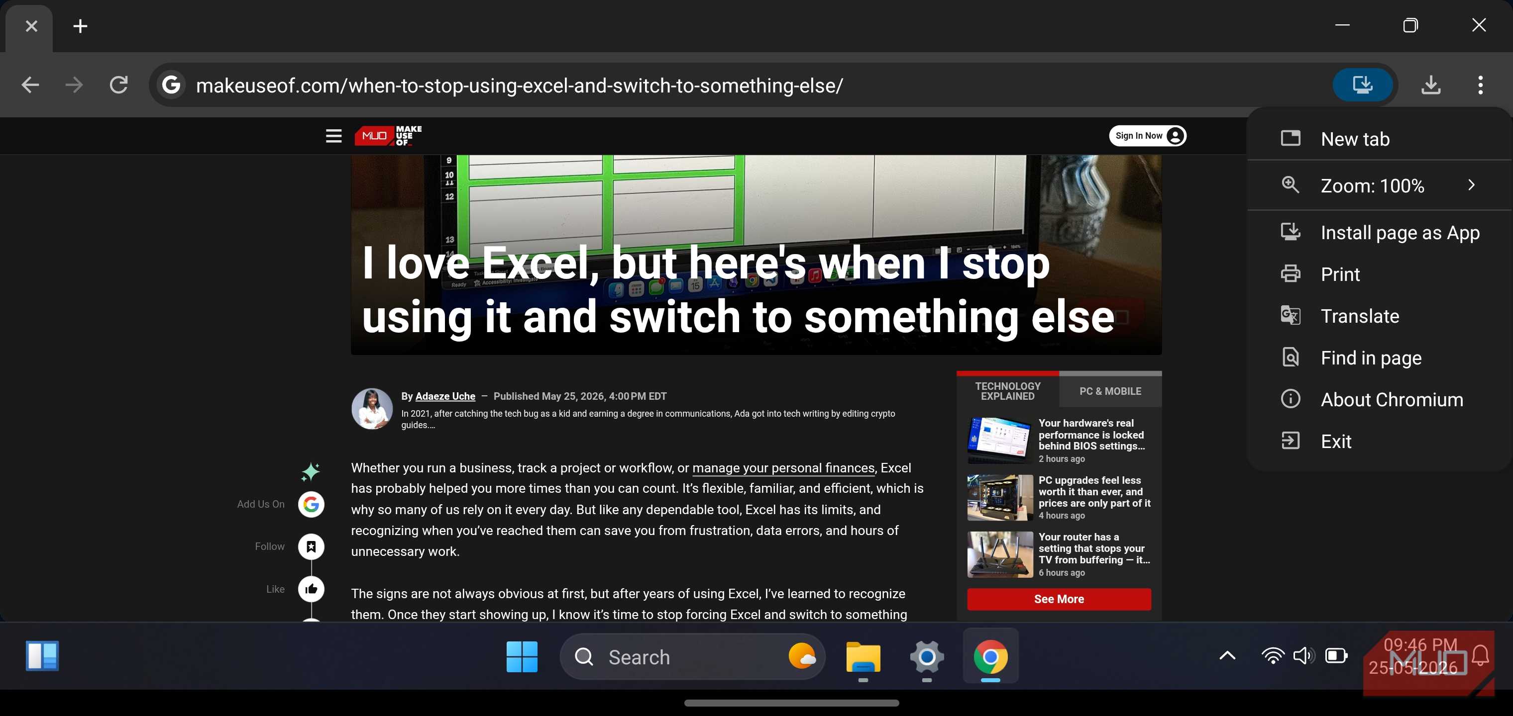 HyperDroid launcher displaying a web browser with its menu open.