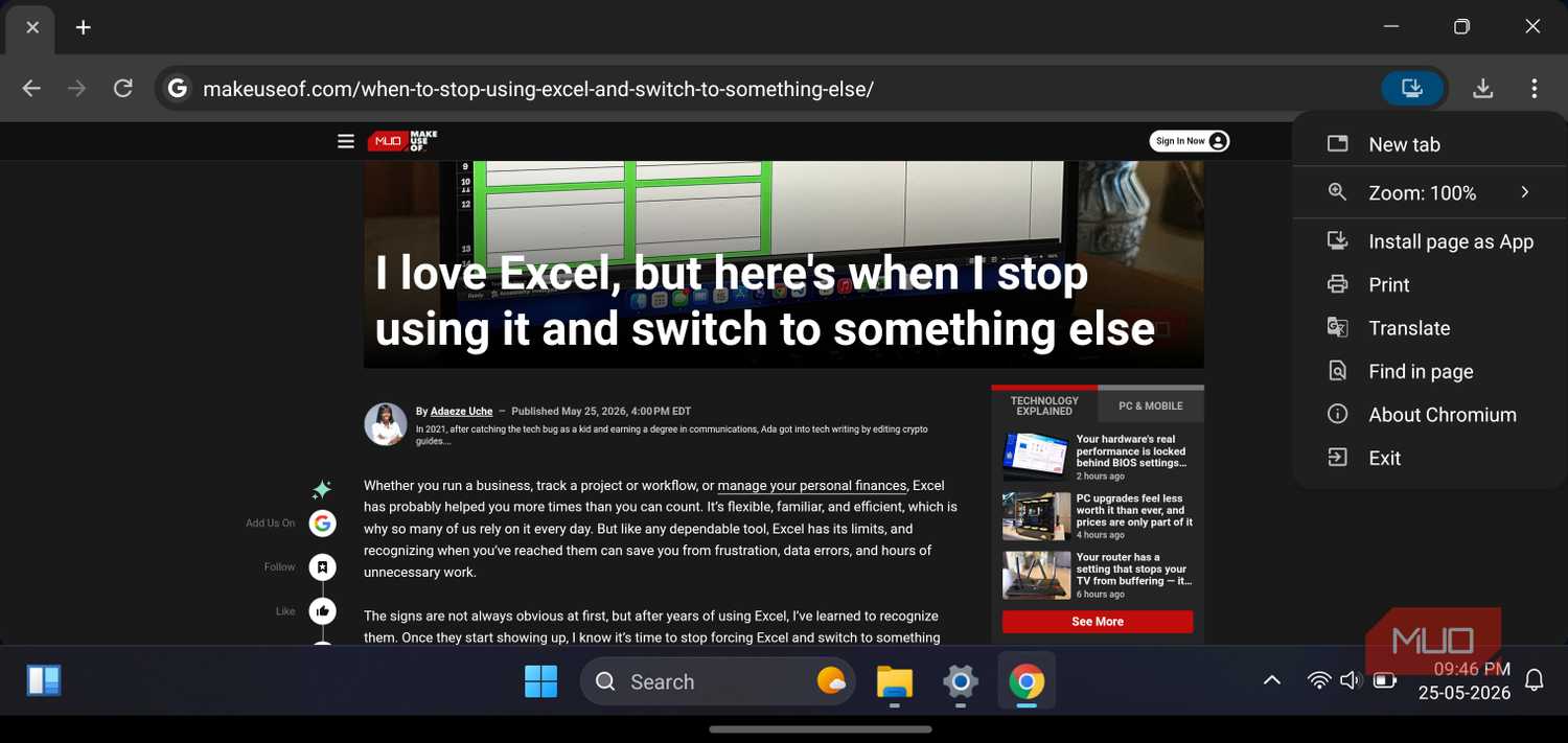 HyperDroid launcher displaying a web browser with its menu open.