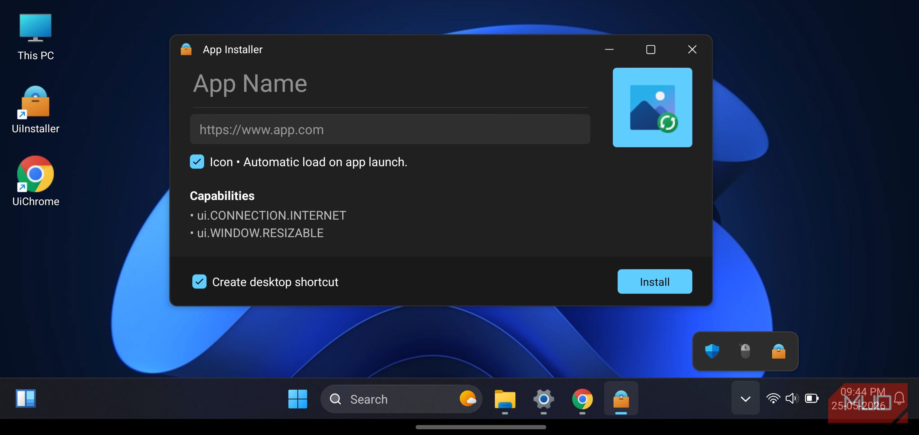 HyperDroid launcher displaying an App Installer dialog box prompting to install a web application.