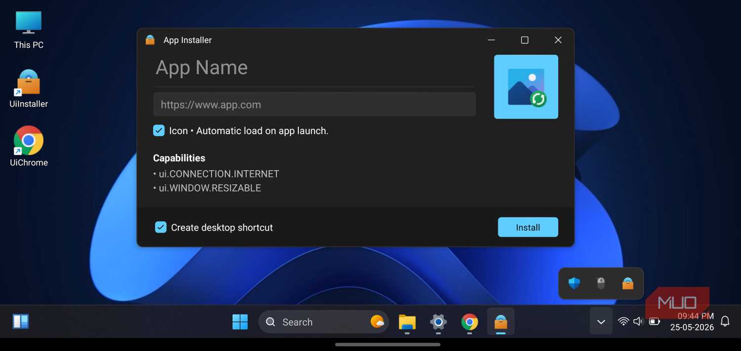 HyperDroid launcher displaying an App Installer dialog box prompting to install a web application.