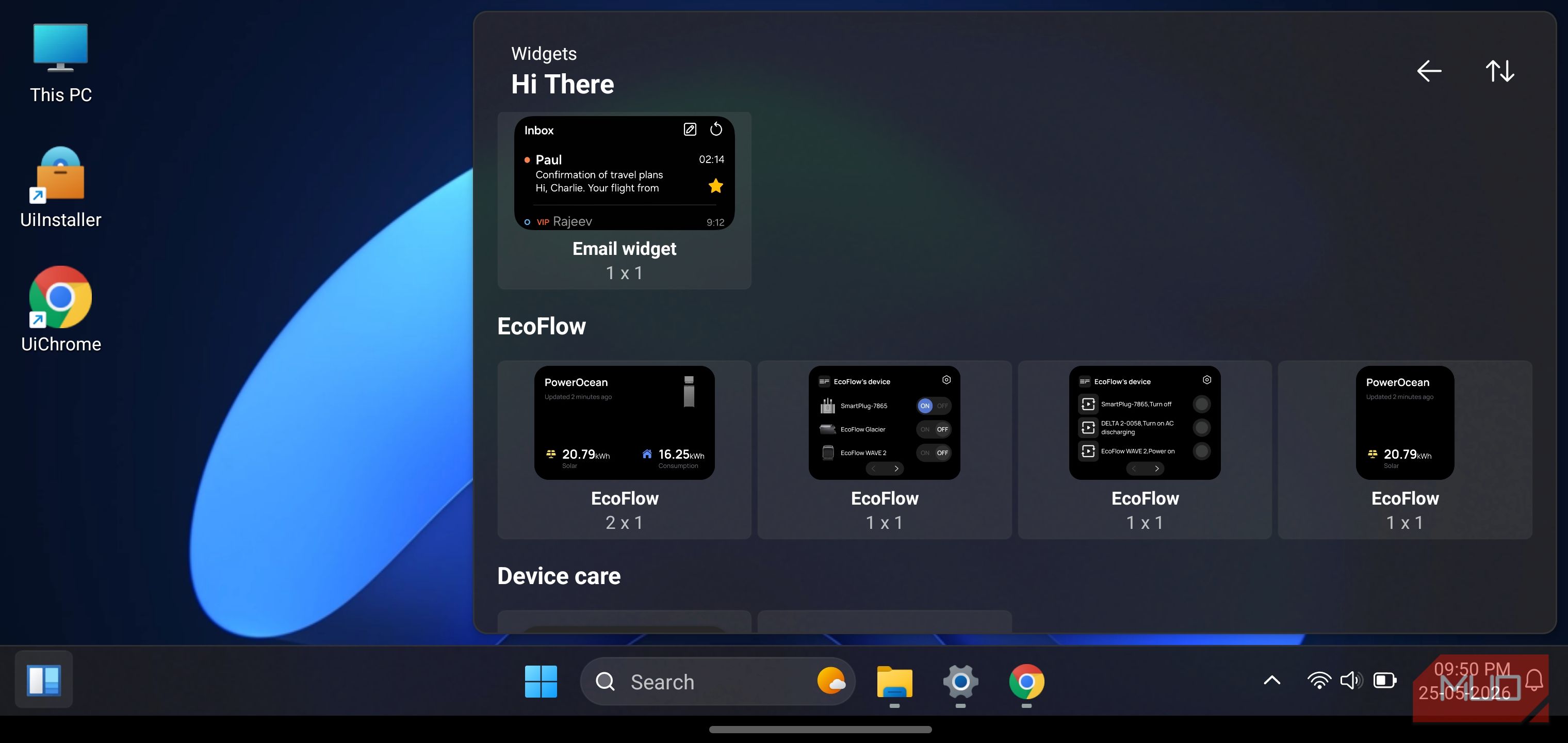 HyperDroid launcher displaying an open widgets selection menu over the desktop.
