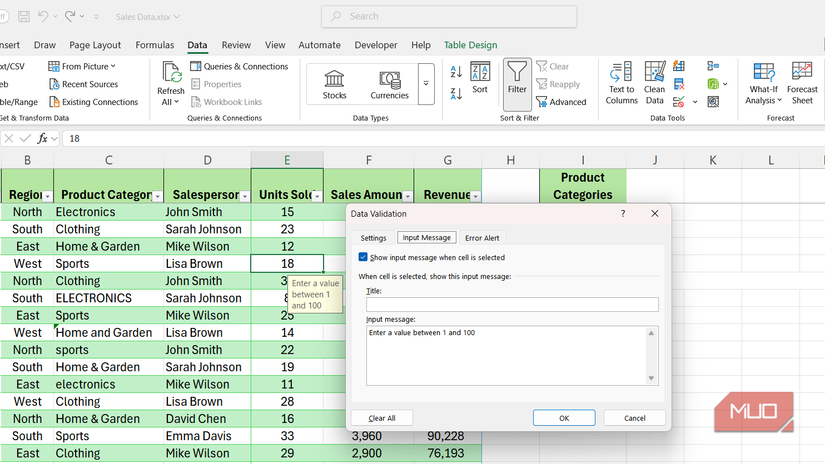 Input message tab in Data Validation dialog box in Excel.