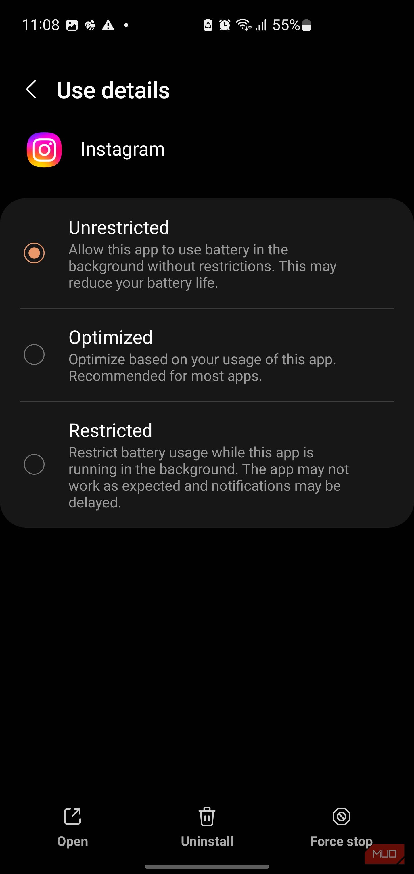 Instagram showing the Unrestricted setting selected.
