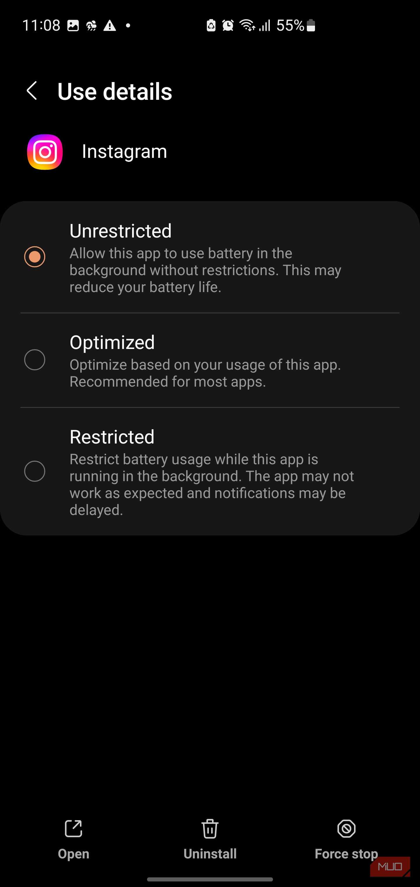 Instagram showing the Unrestricted setting selected.