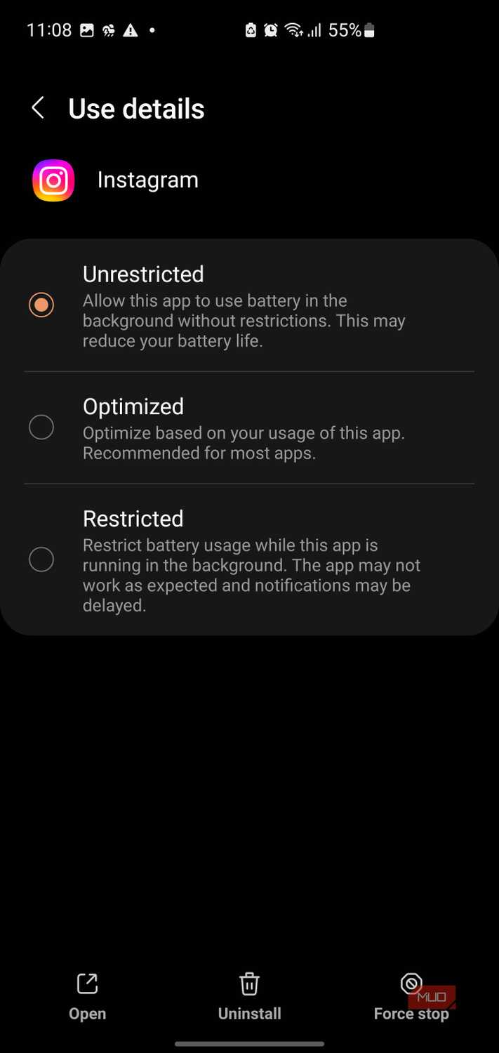Instagram showing the Unrestricted setting selected.