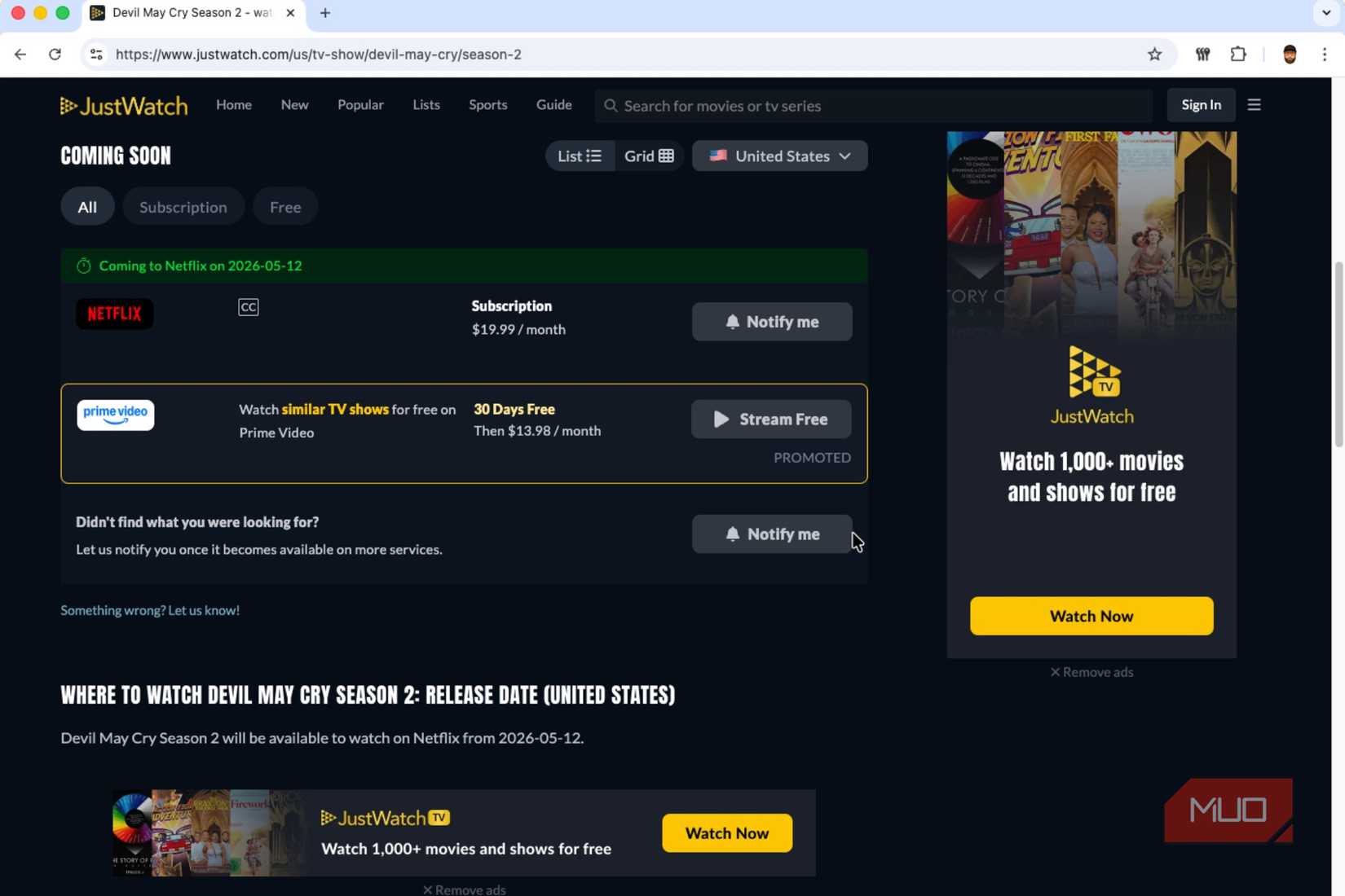Screenshot of JustWatch showing Devil May Cry's air date