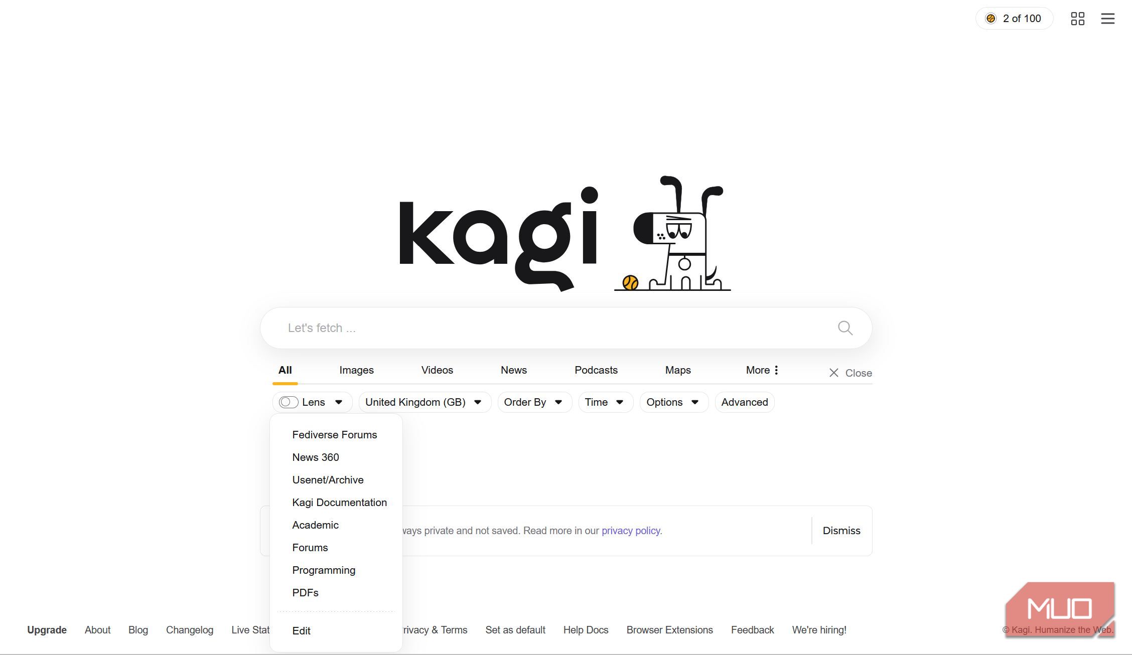 Kagi Search Lens drop-down
