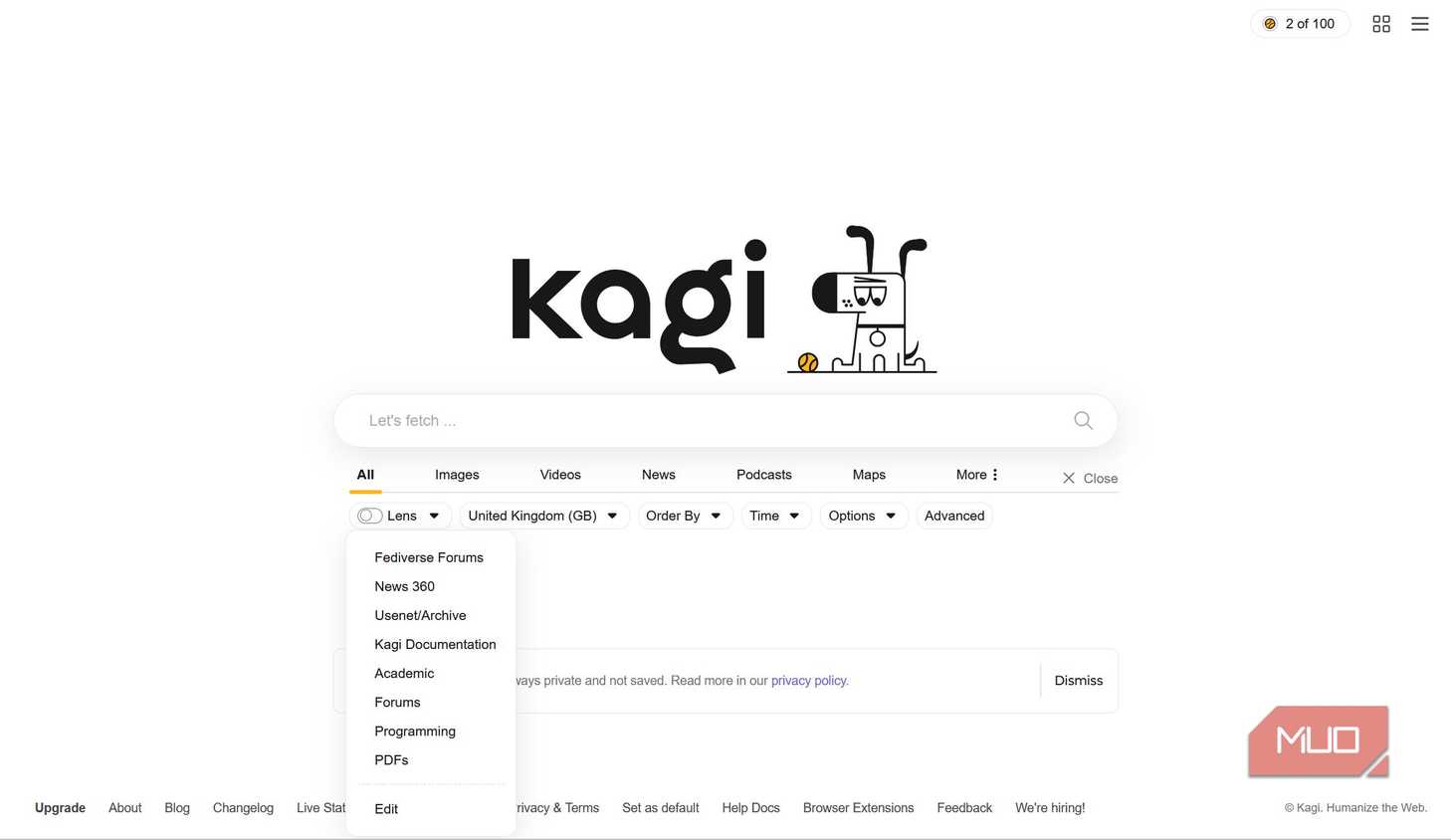 Kagi Search Lens drop-down