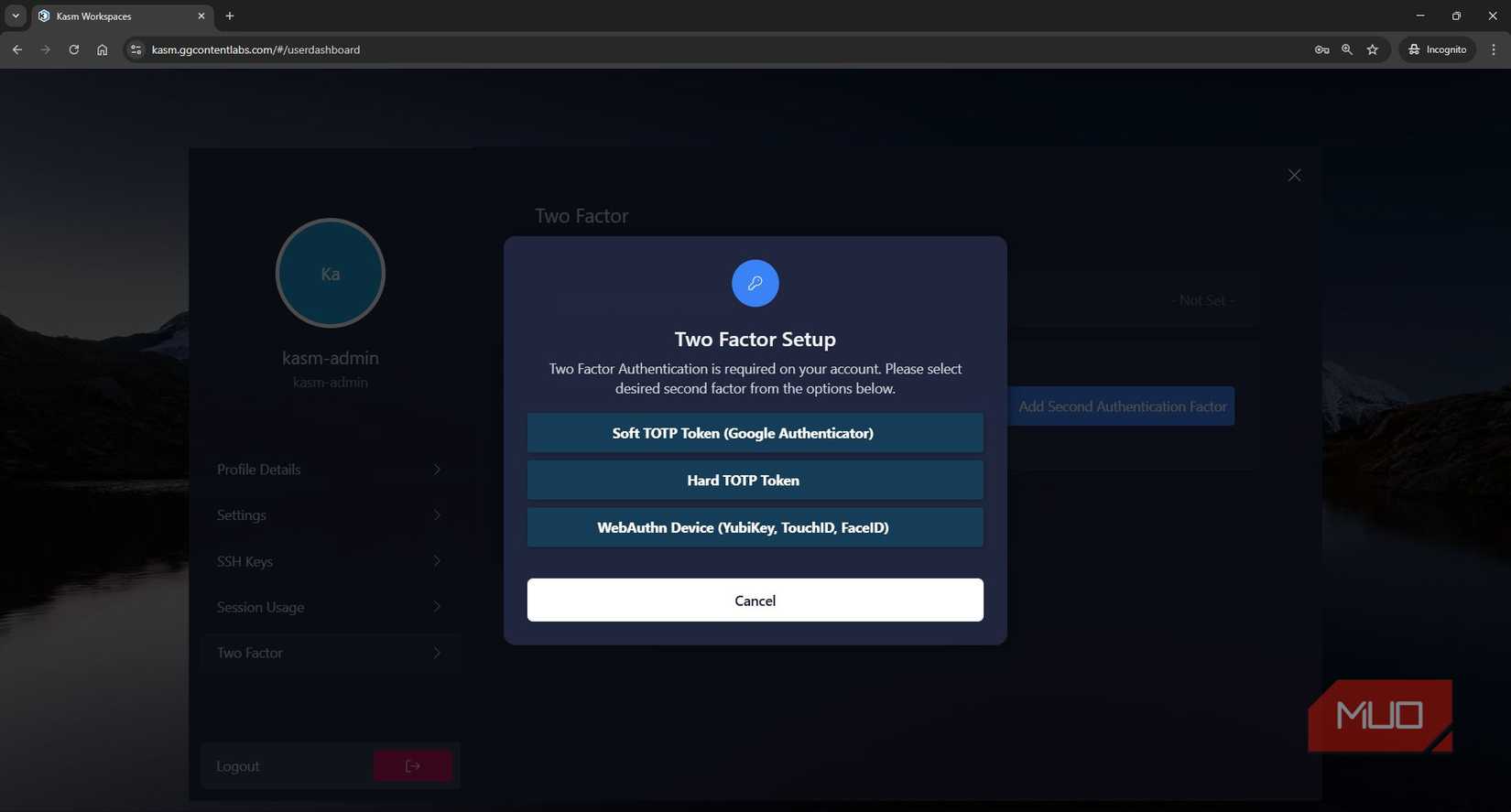 Enabling MFA on a KASM workspace user