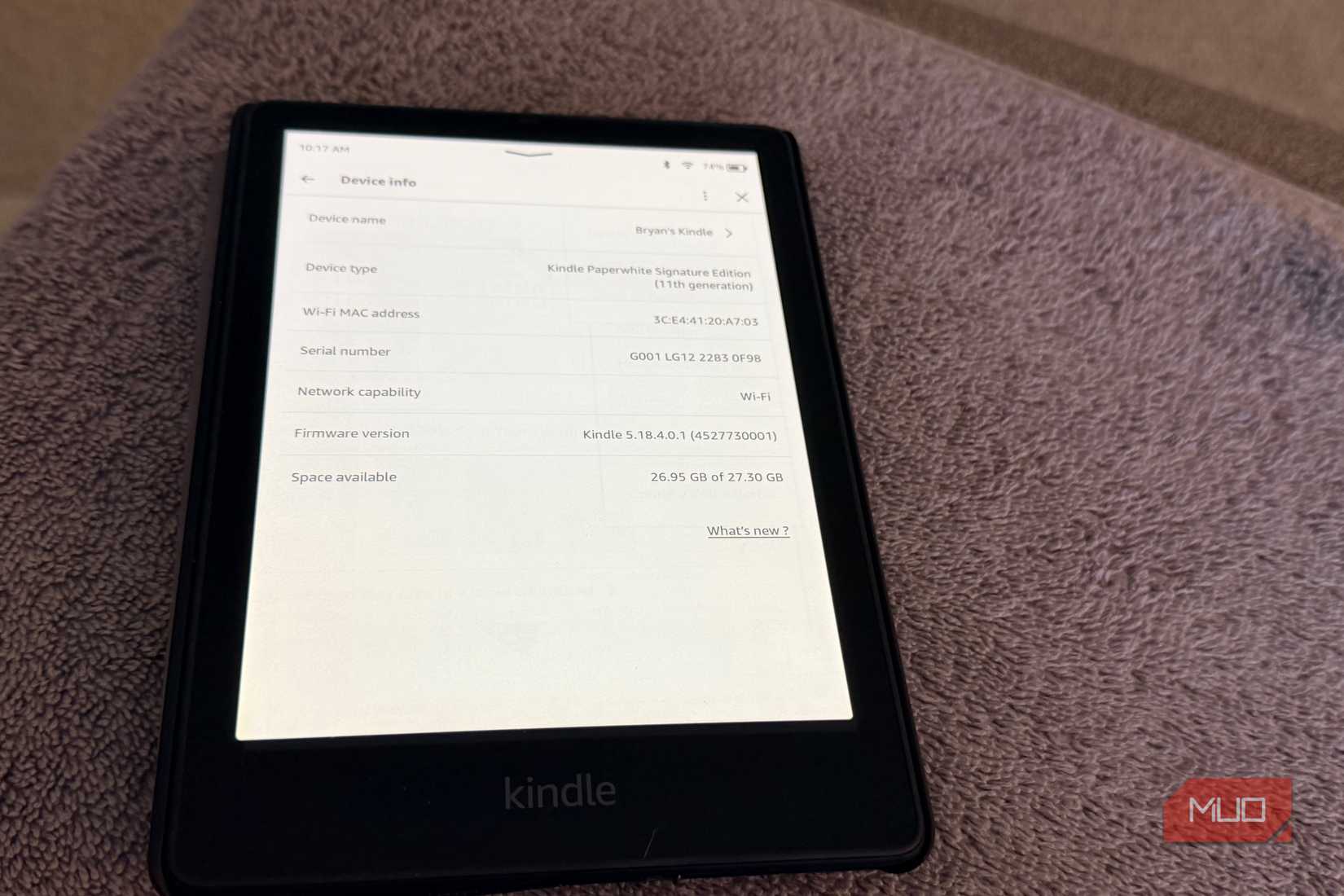 A Kindle showing specs.