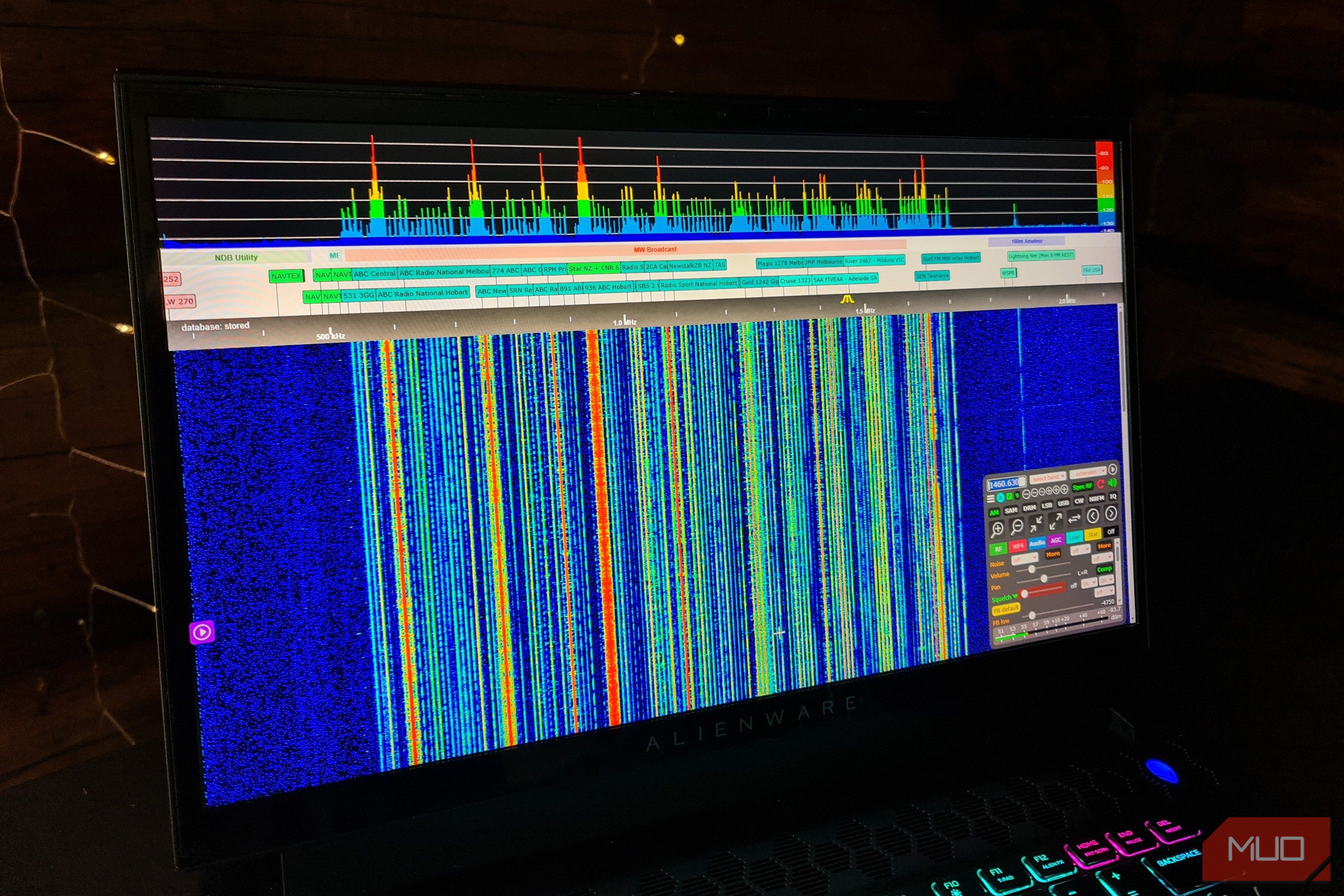 KiwiDSR showing a radio waterfall spectrum on a laptop screen