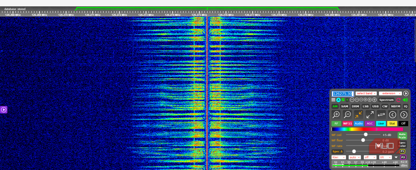 Airband SDR waterfall showing extremely strong AM signal