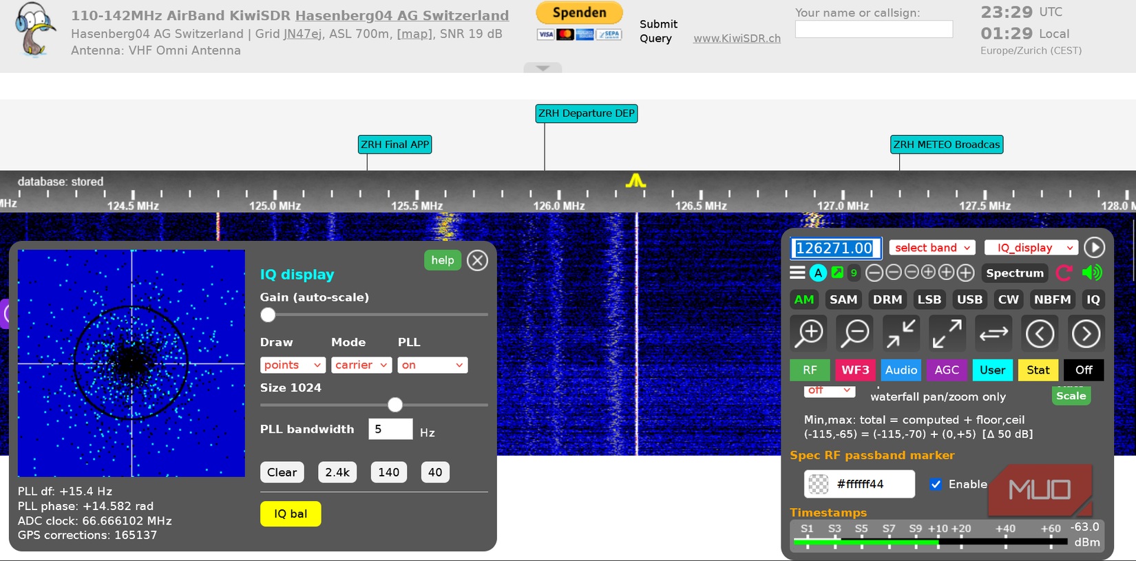KiwiSDR Airband SDR showing controls and pinned channels