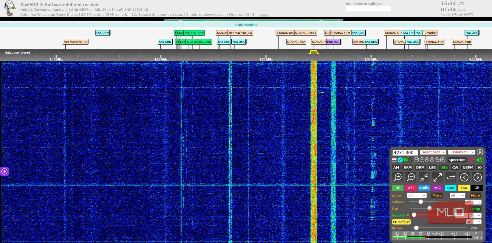 KiwiSDR full user display showing spectrum waterfall and strong signal