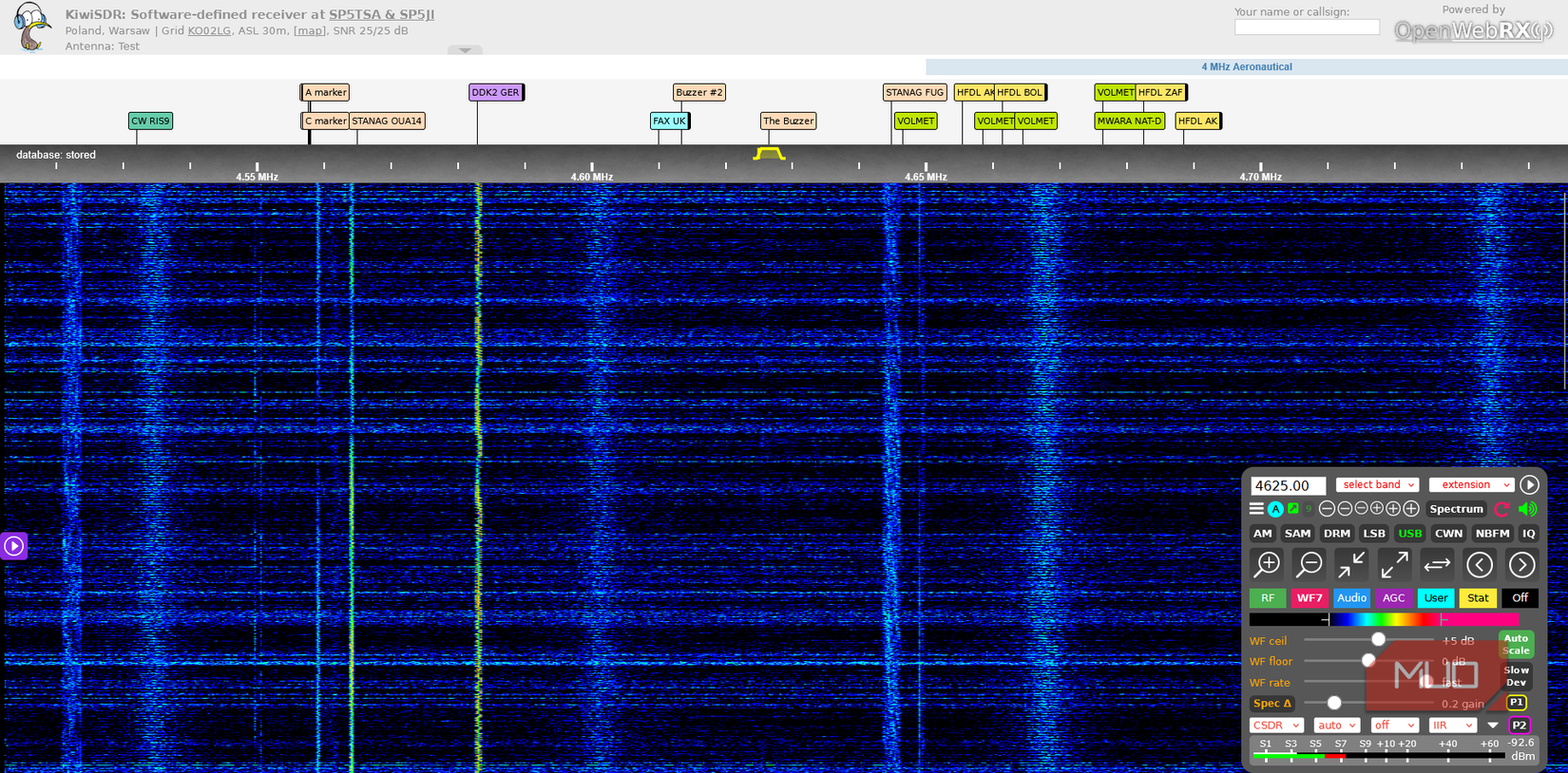 KiwiSDR frequency scale showing pinned signal "The Buzzer"