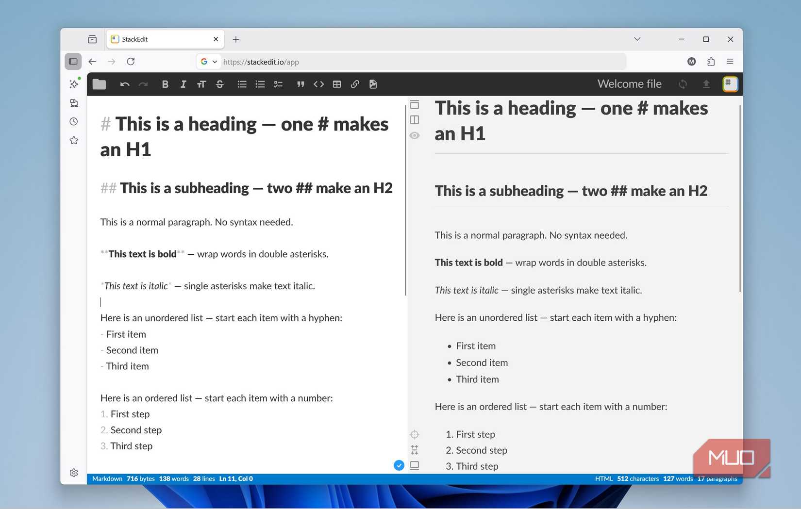 Markdown syntax in a web browser