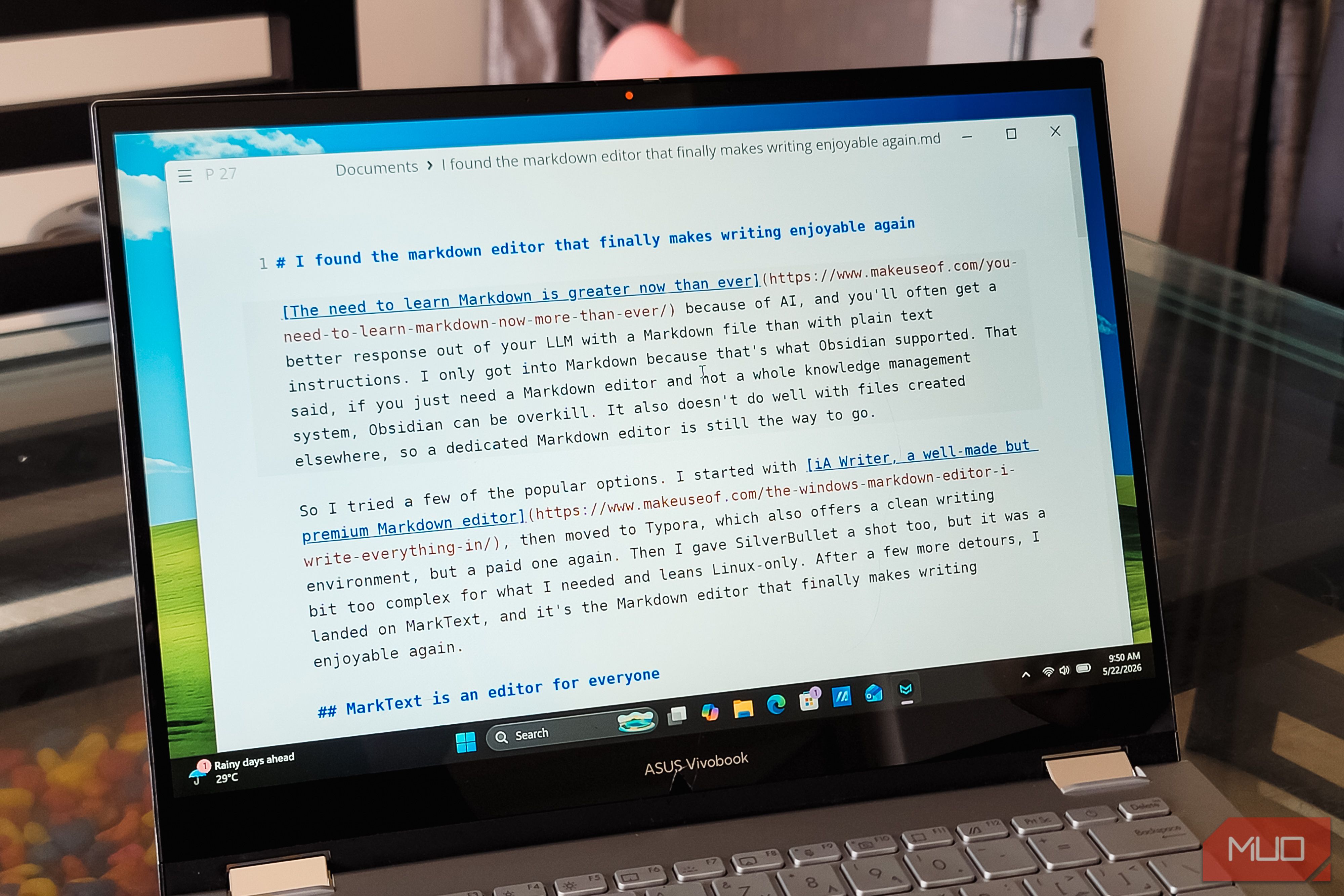 Marktext Markdown editor open on a Asus Vivobook S 14 Flip