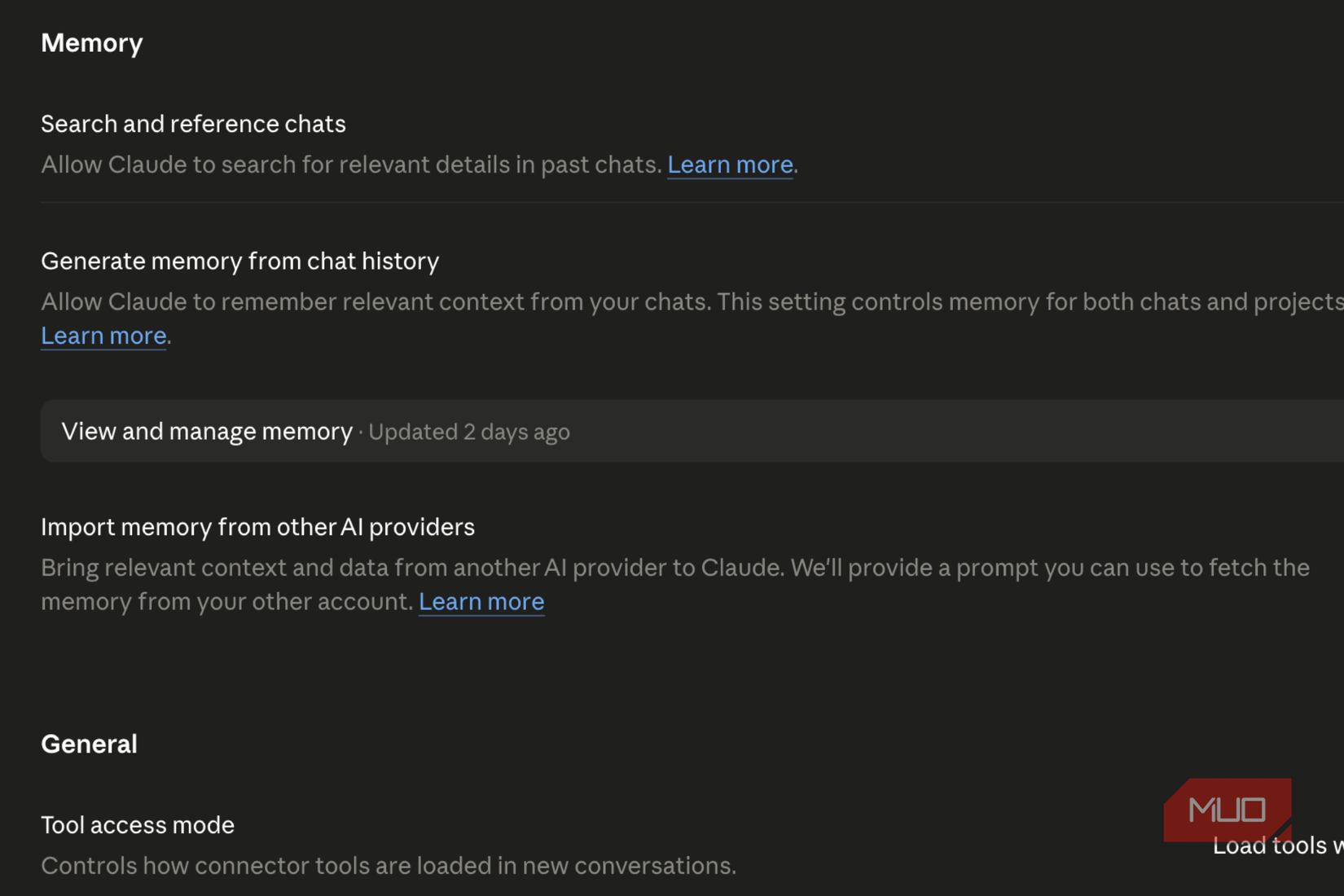 Memory from chat history setting enabled on Claude