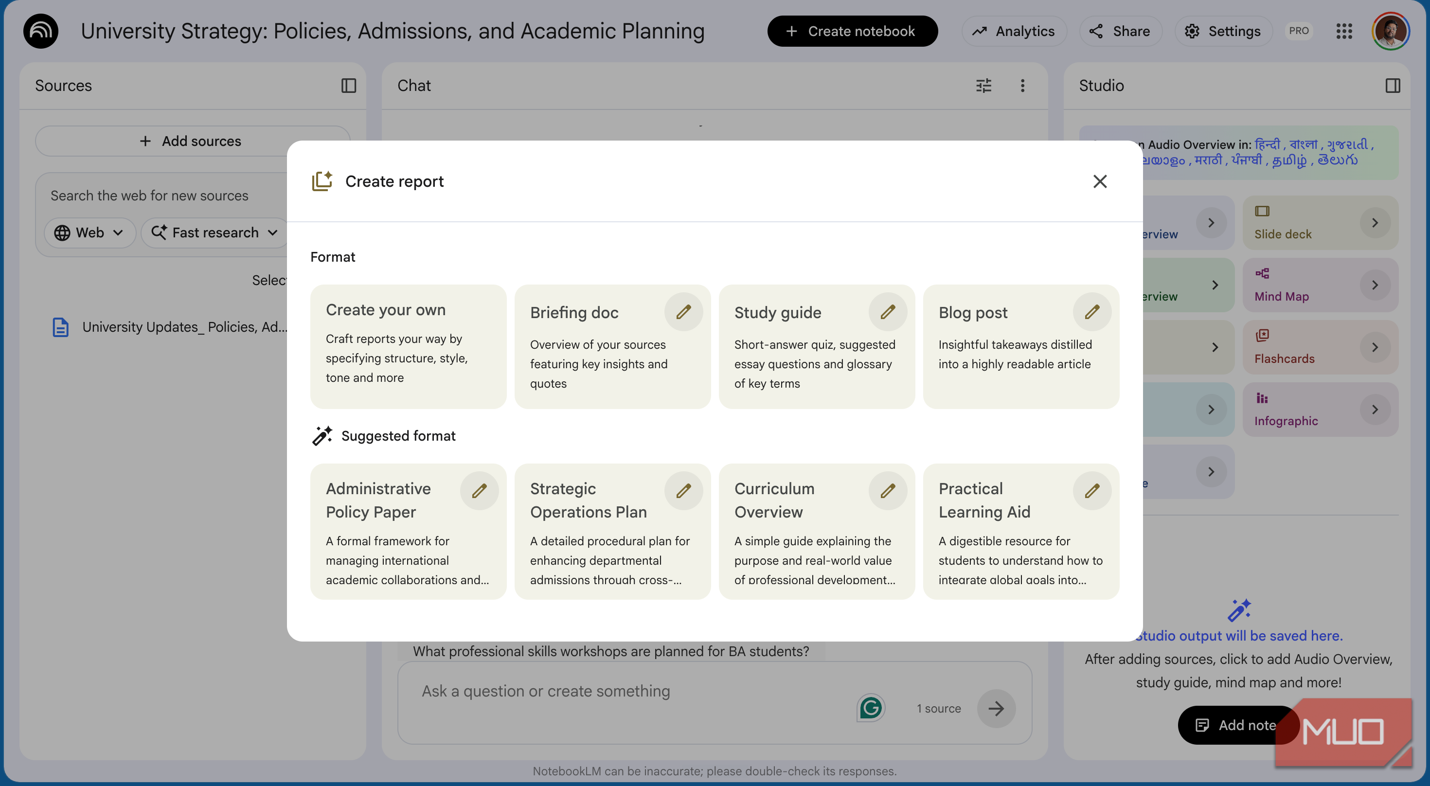 notebookLM showing the different options for creating reports based on the transcript