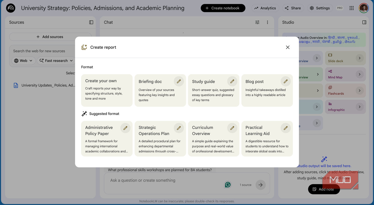 notebookLM showing the different options for creating reports based on the transcript