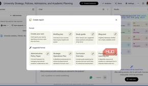 notebookLM showing the different options for creating reports based on the transcript