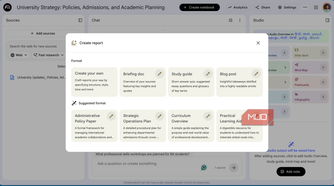 notebookLM showing the different options for creating reports based on the transcript